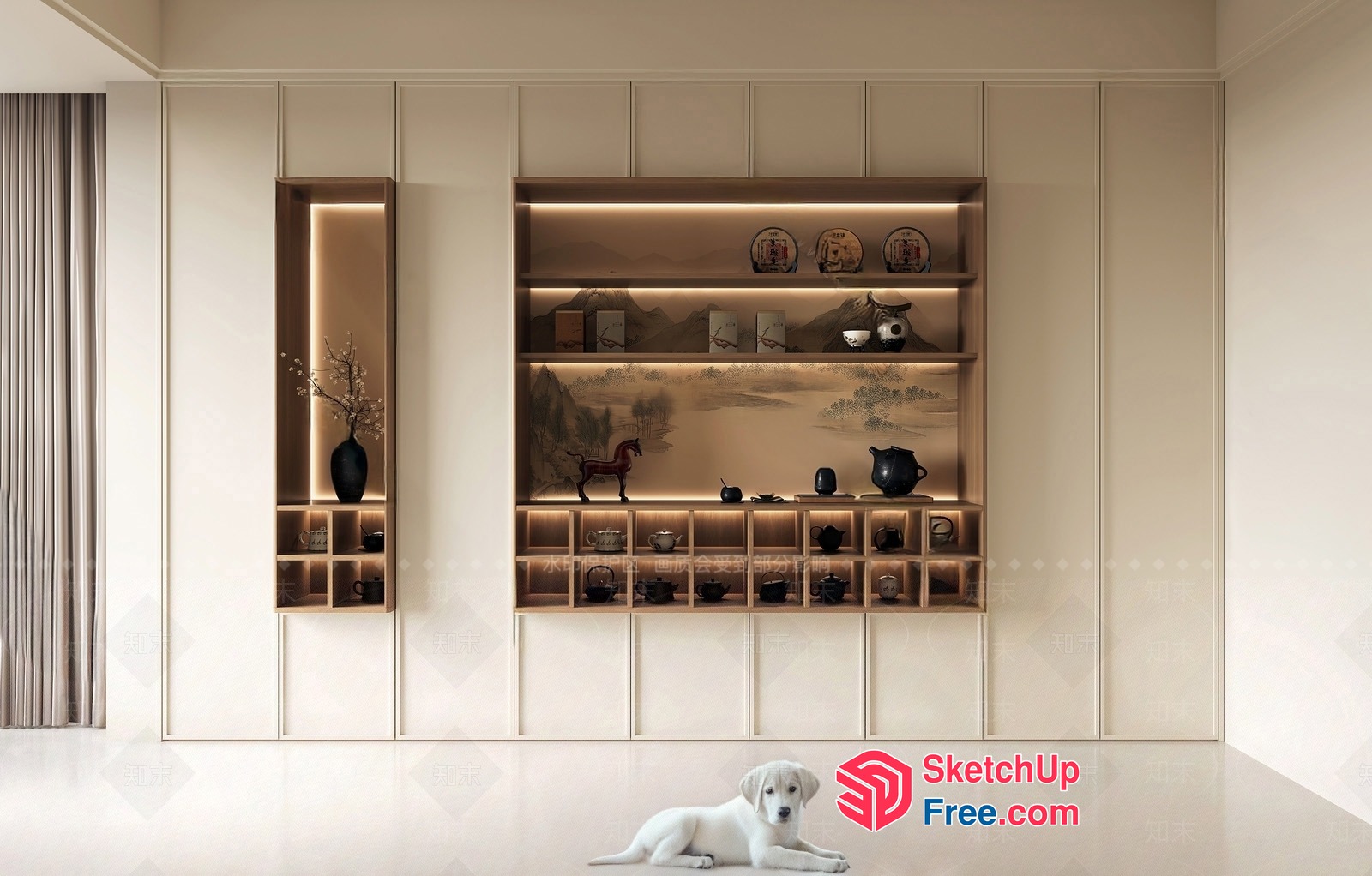 Elegant White Dog And Modern Wood Shelf Interior 3D SketchUp File