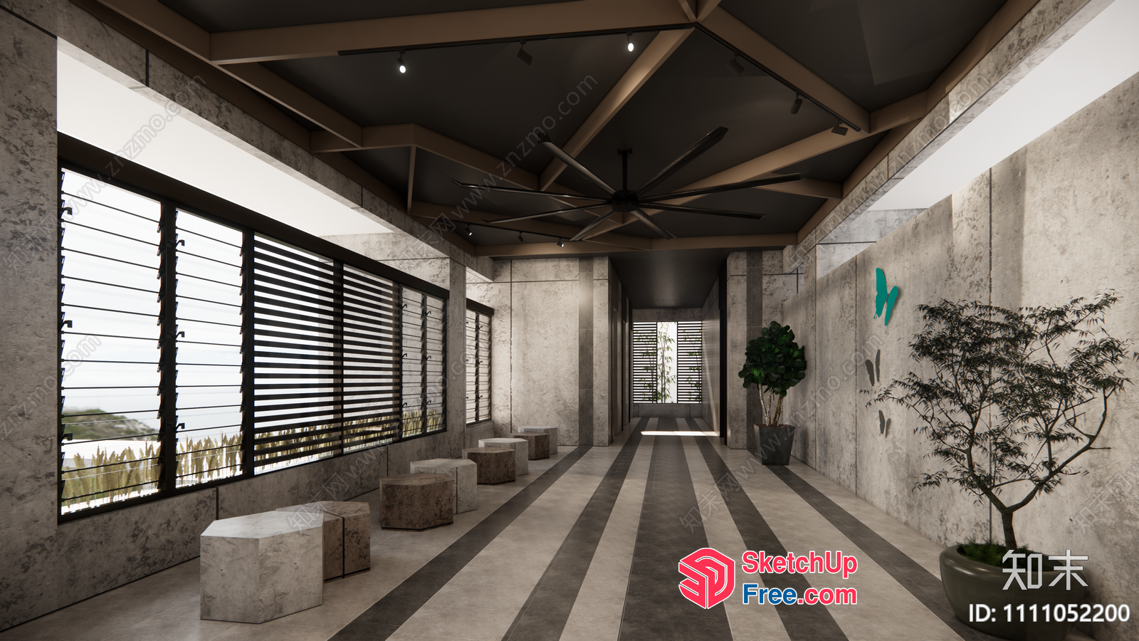 Long, Modern, Striped Hallway With Ceiling Fan 3D SketchUp File