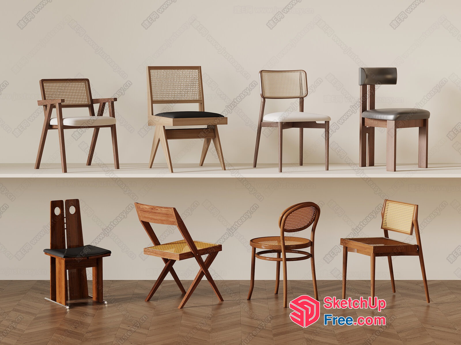Elegant Wooden Chairs With Rattan Backrests 3D SketchUp File