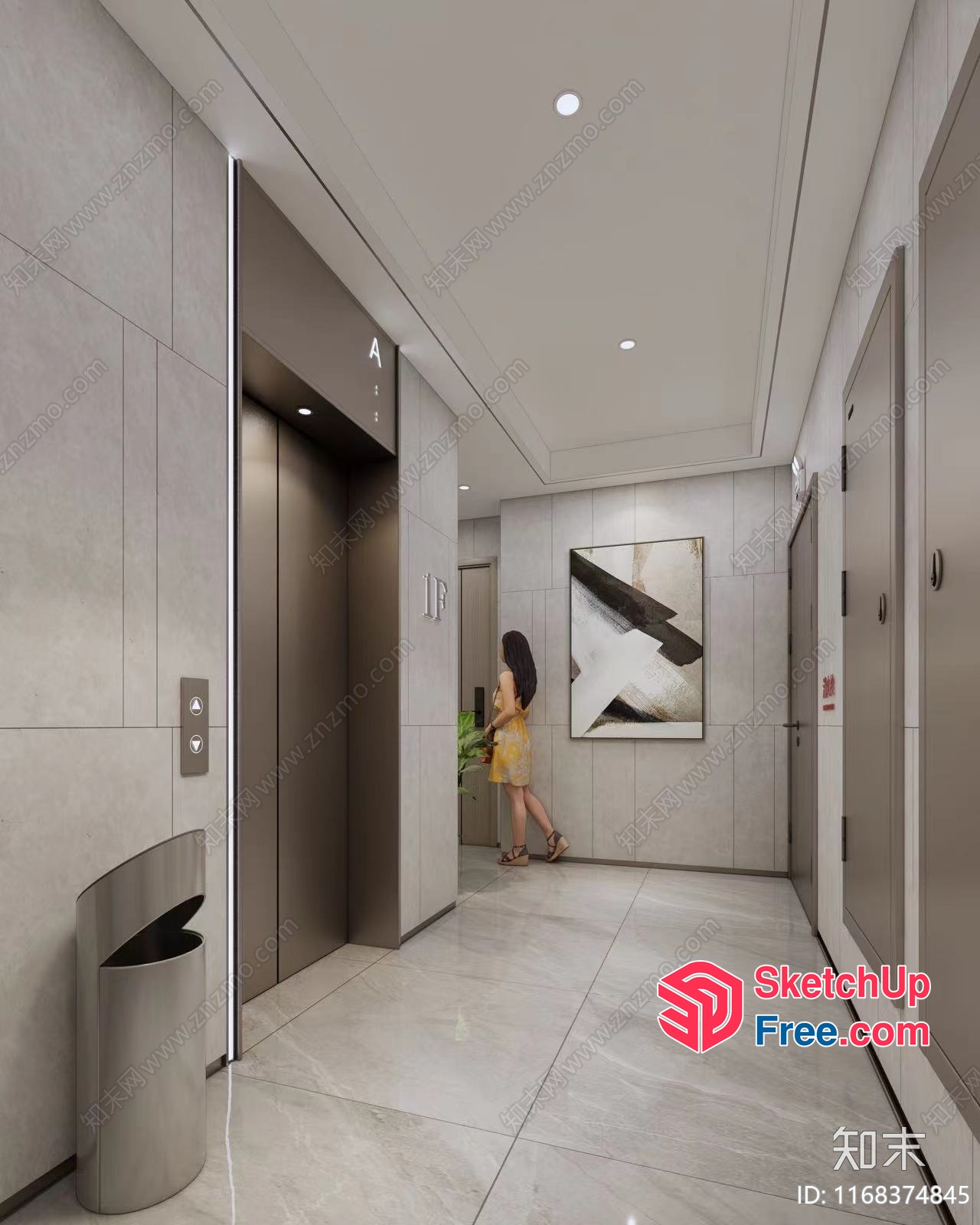 Modern Elevator Interior With Woman In Yellow Dress 3D SketchUp File