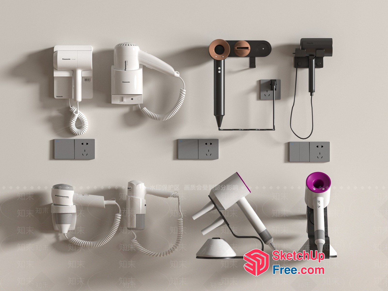 Wall-Mounted Hair Dryers In Various Styles And Colors 3D SketchUp File