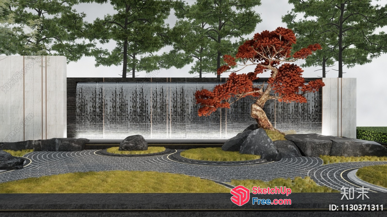 Japanese Inspired Interior Design With Waterfall And Tree 3D SketchUp File