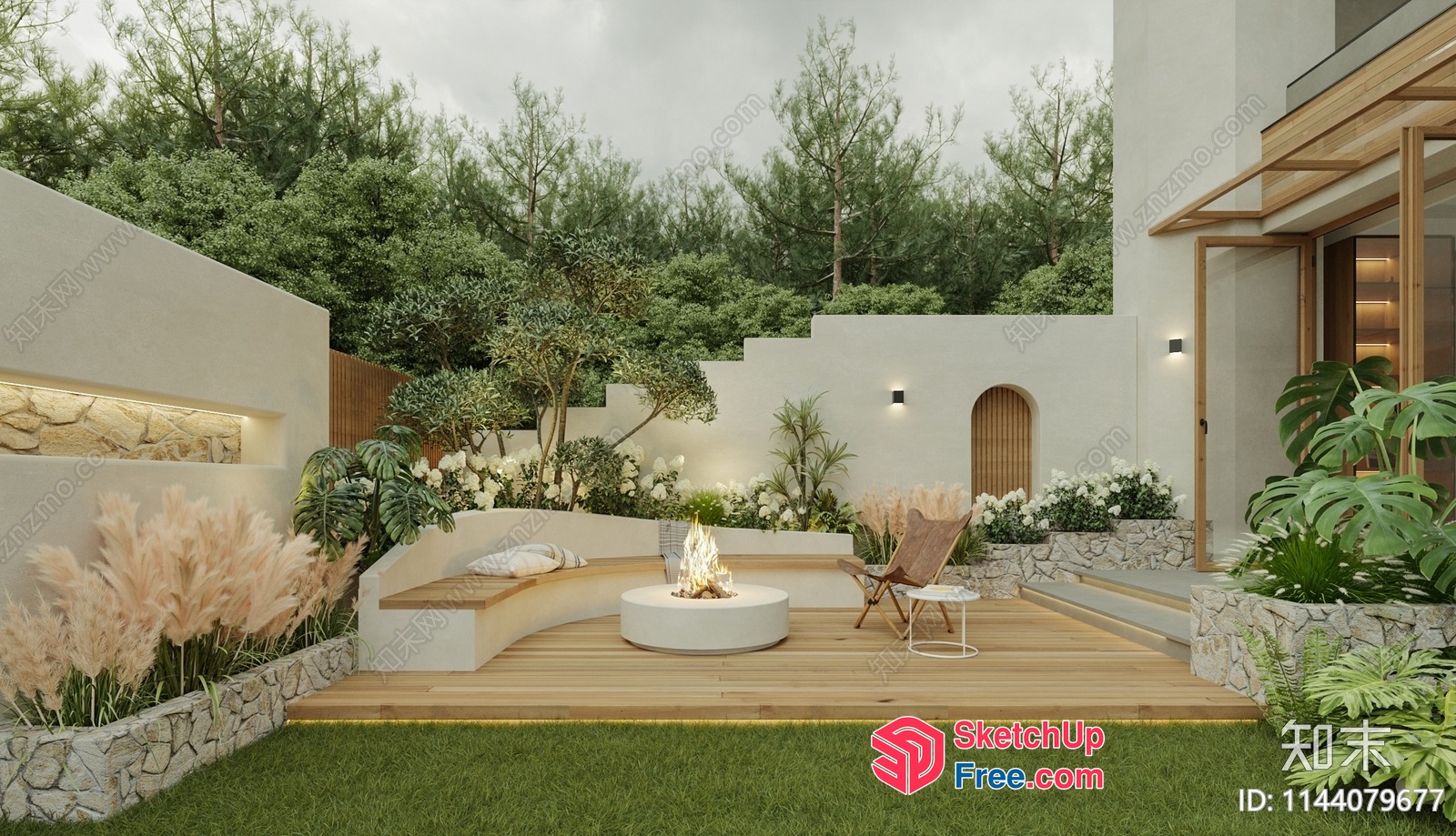 Outdoor Fire Pit With Seating Area And Wood Deck 3D SketchUp File