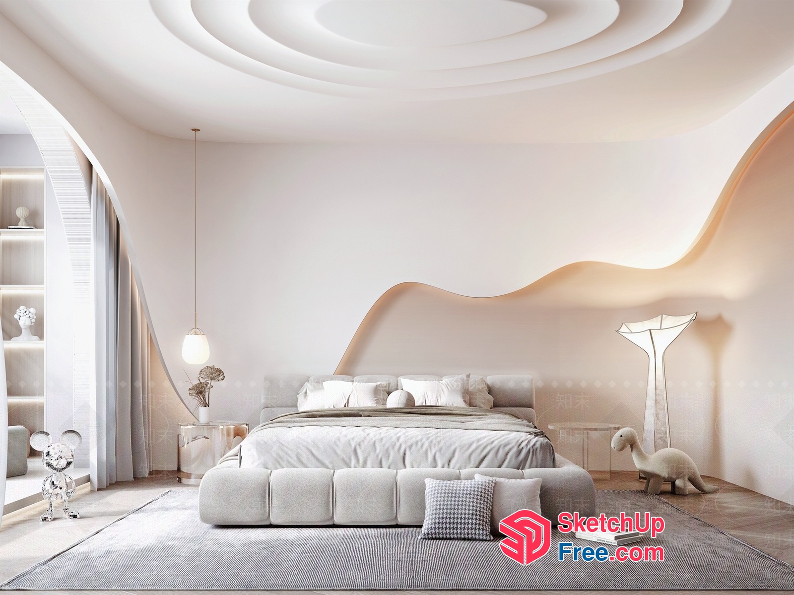 Modern Minimalist Bedroom With Curved Ceiling And Bed 3D SketchUp File
