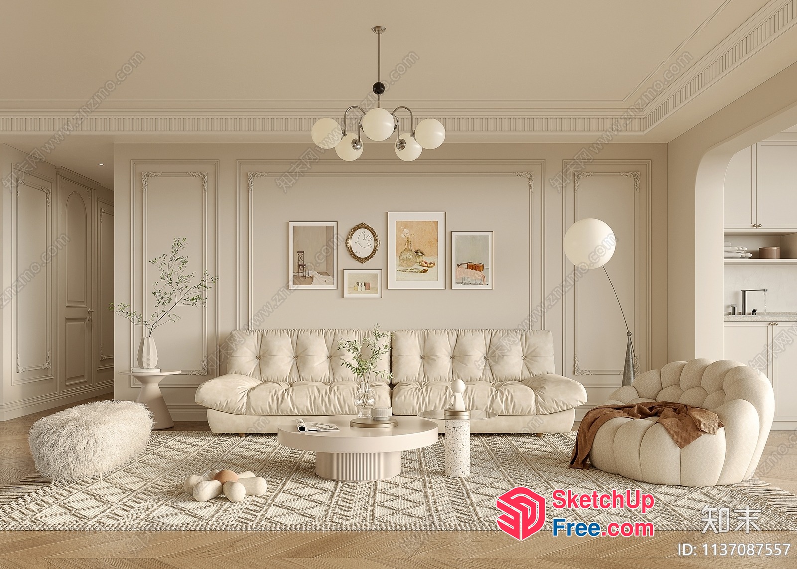 Elegant Creamy Style Living Room 3D SketchUp File