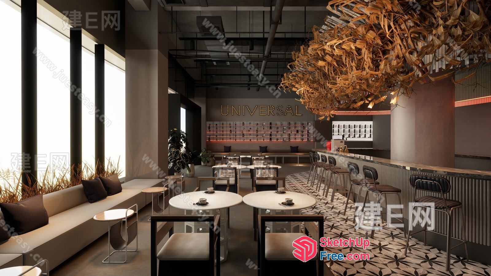 Modern Restaurant Interior With Unique Lighting Fixture 3D SketchUp File