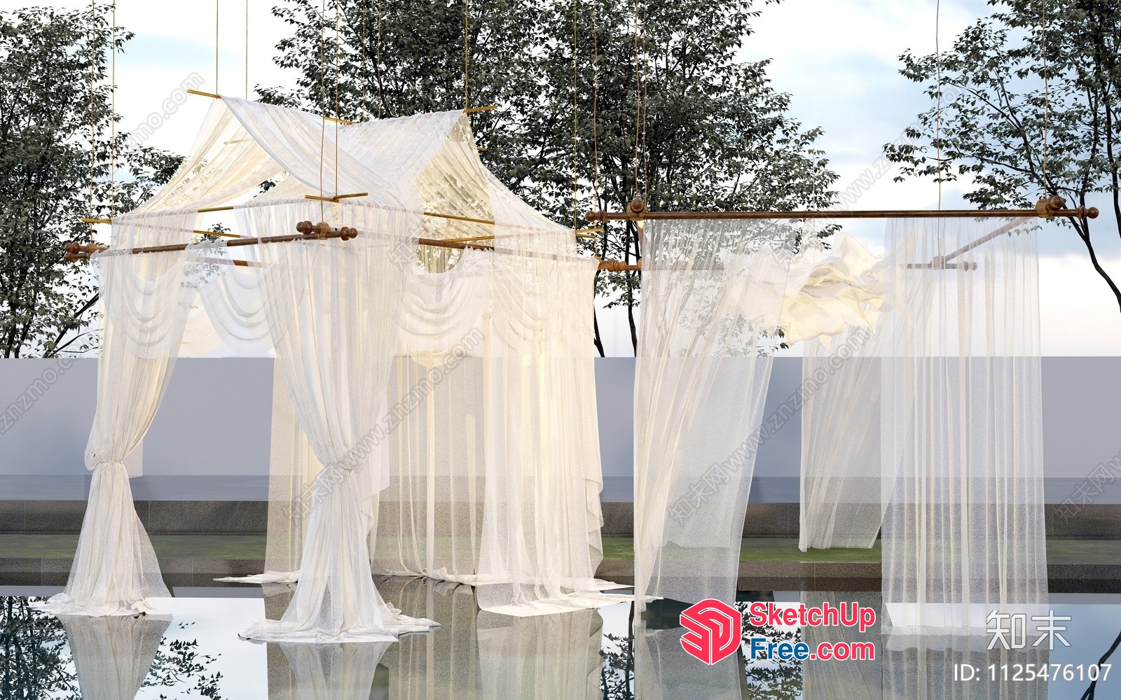 Elegant White Net Curtain With Golden Rods 3D SketchUp File