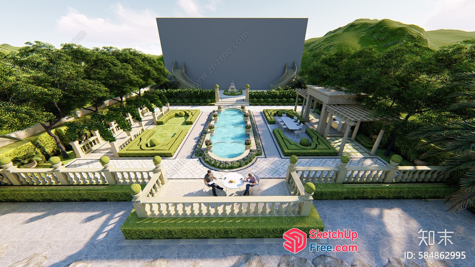 Beautiful And Serene Outdoor Garden And Pool Scene 3D SketchUp File