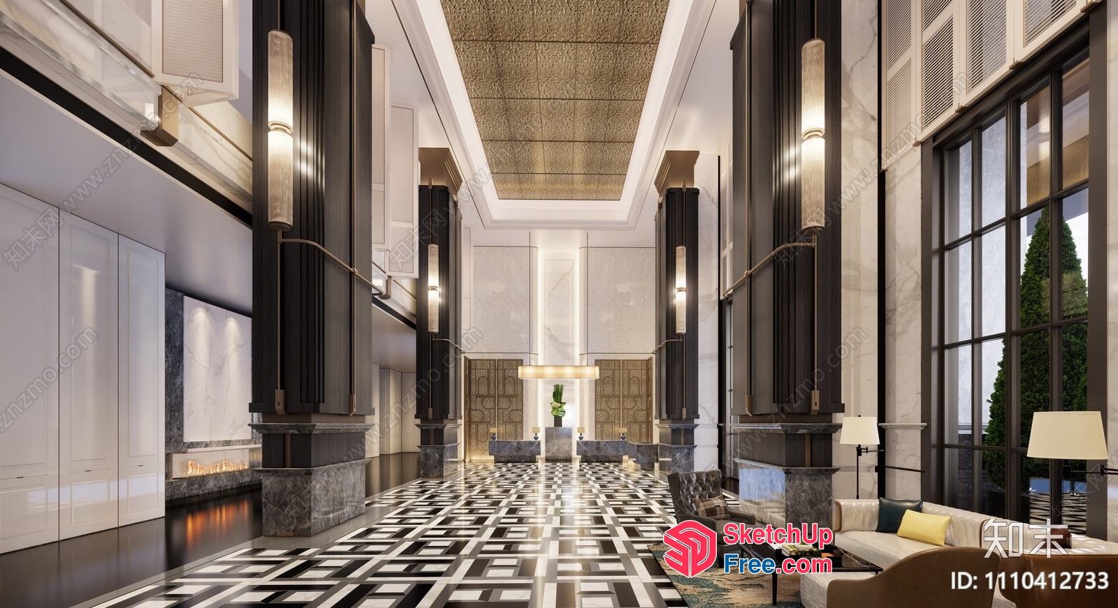 Grand Lobby With Pillars And Checkered Floor 3D SketchUp File