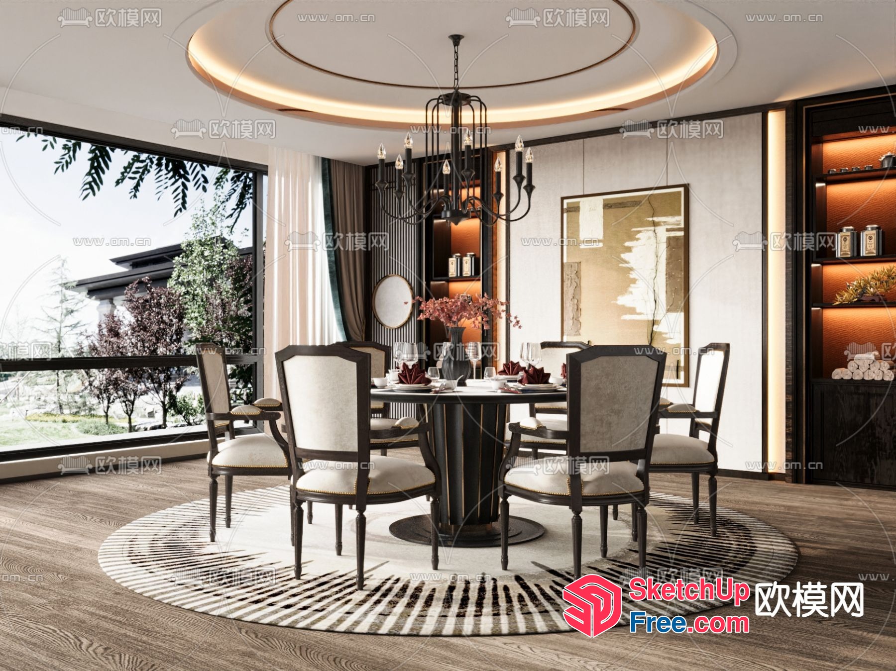 Modern Dining Room With Elegant Chandelier And Large Window 3D SketchUp File