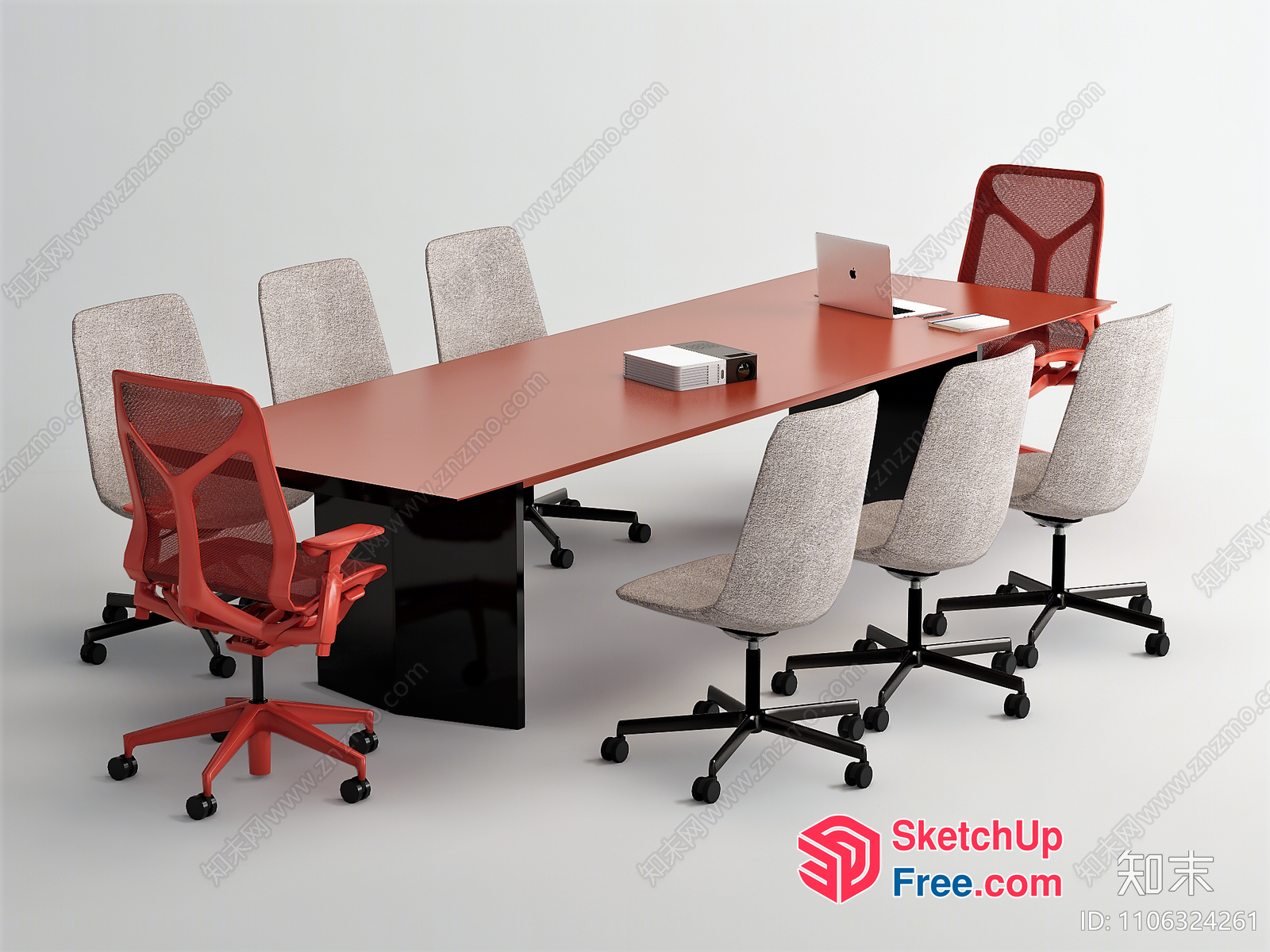 Long Table With Red Chairs And Laptop 3D SketchUp File
