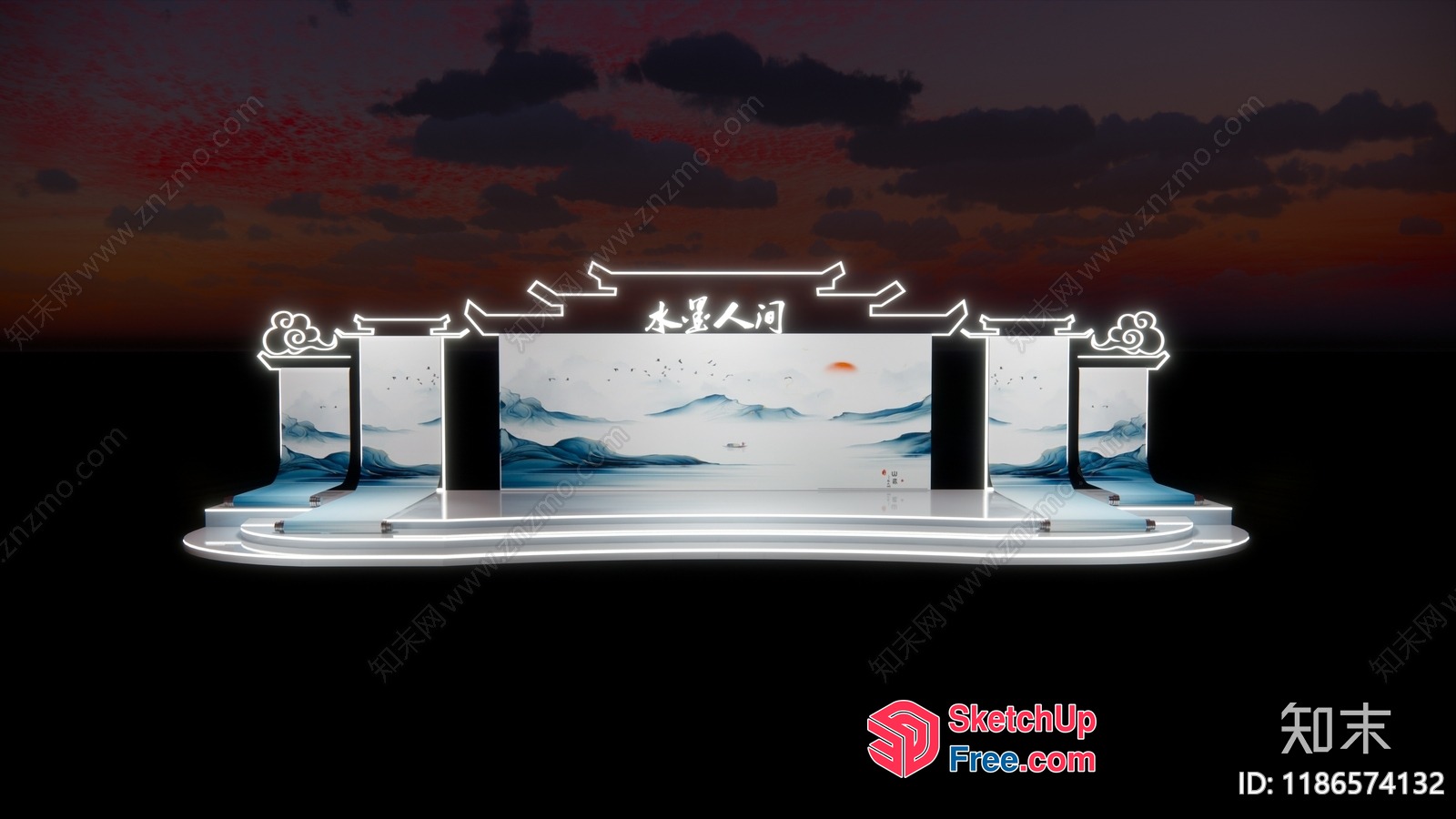Stage With White Neon Lights And Chinese Decor 3D SketchUp File