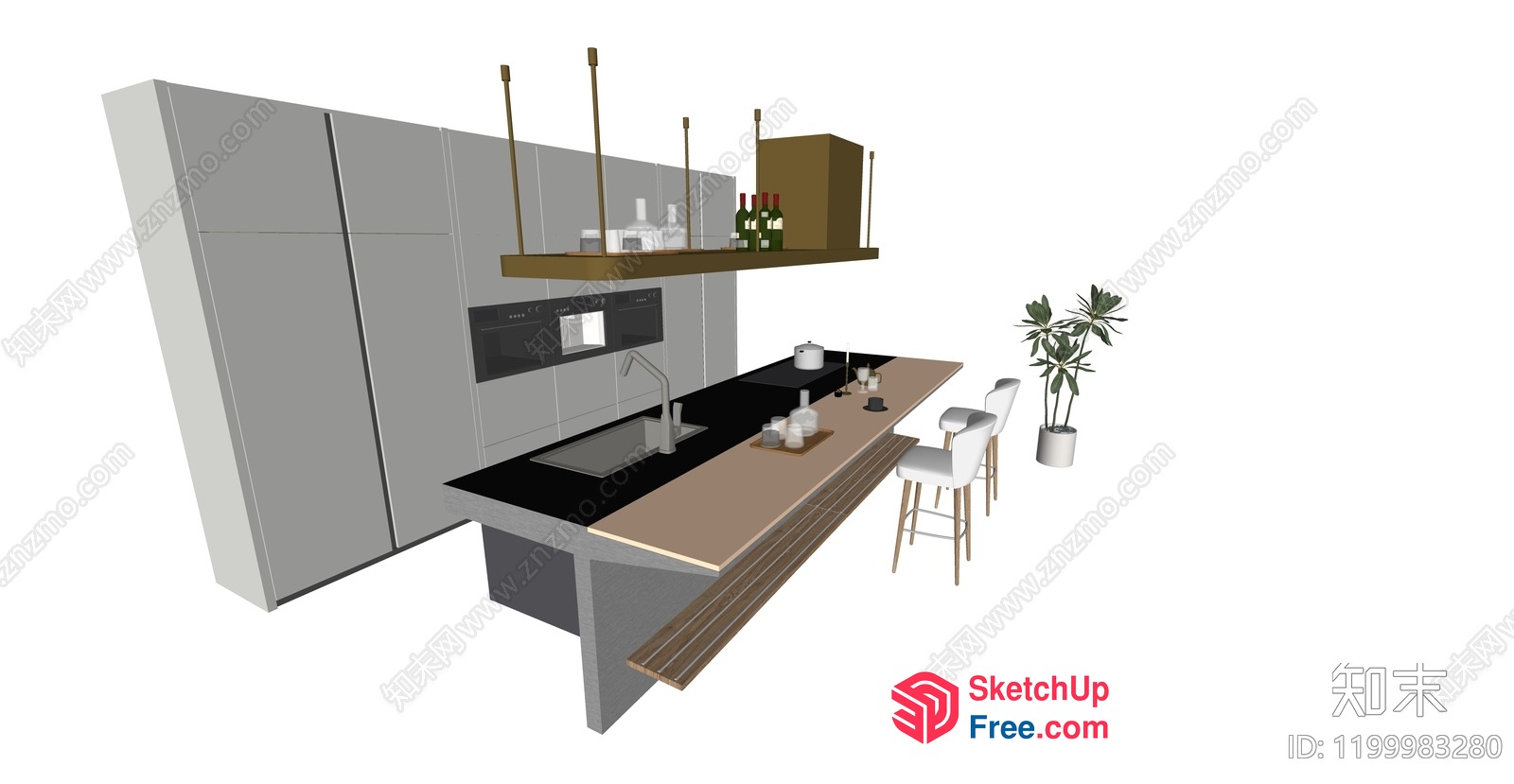 Modern Kitchen Island With Sleek Bar Stools 3D SketchUp File