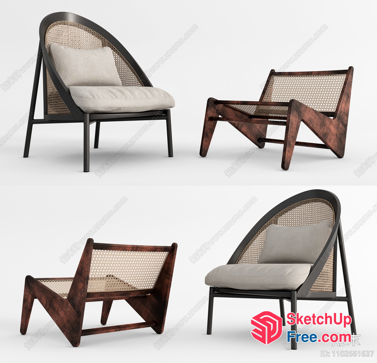 Curved Wooden And Rattan Chair With Cushion 3D SketchUp File
