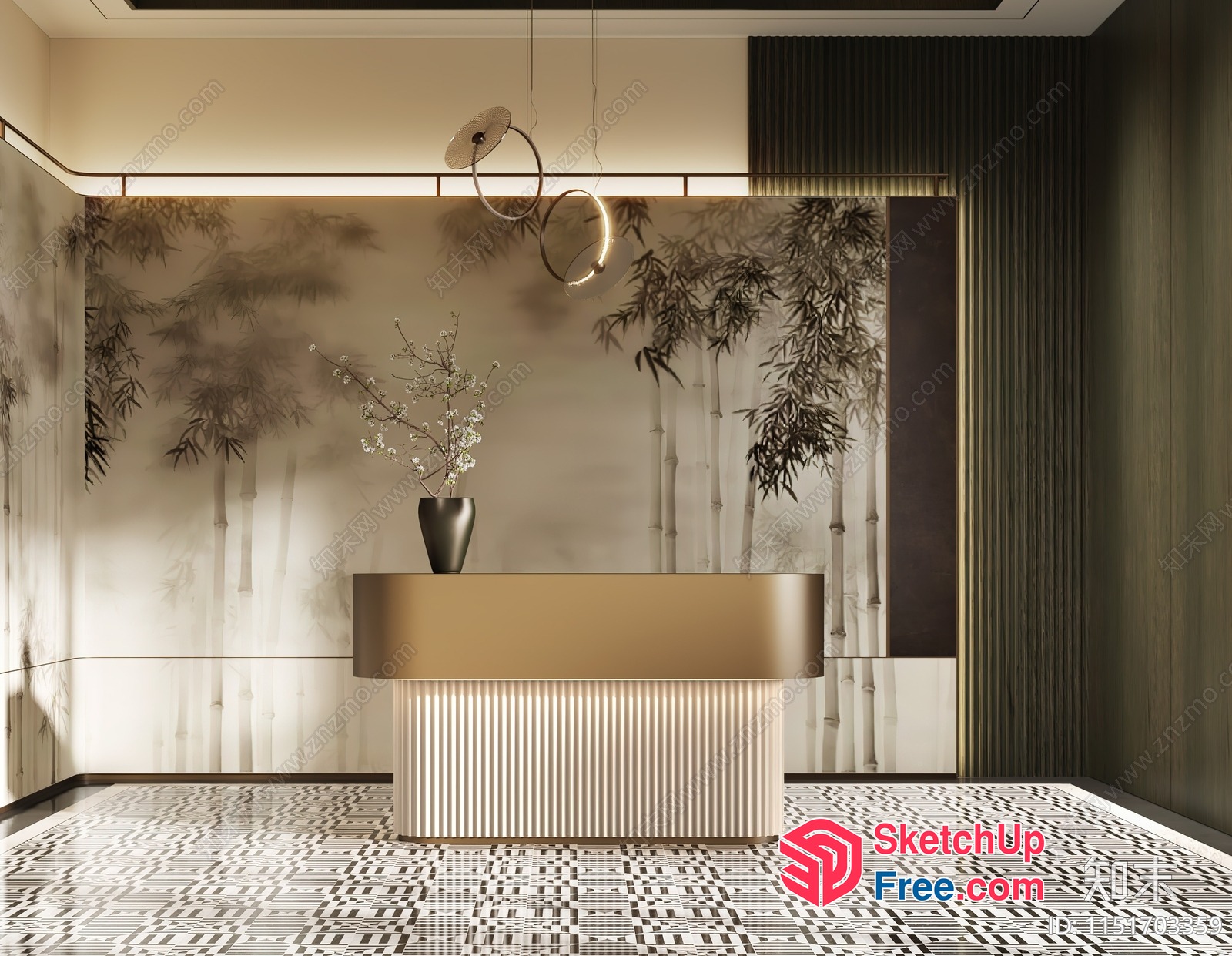 Elegant Japanese-Style Reception Area With Bamboo Mural 3D SketchUp File