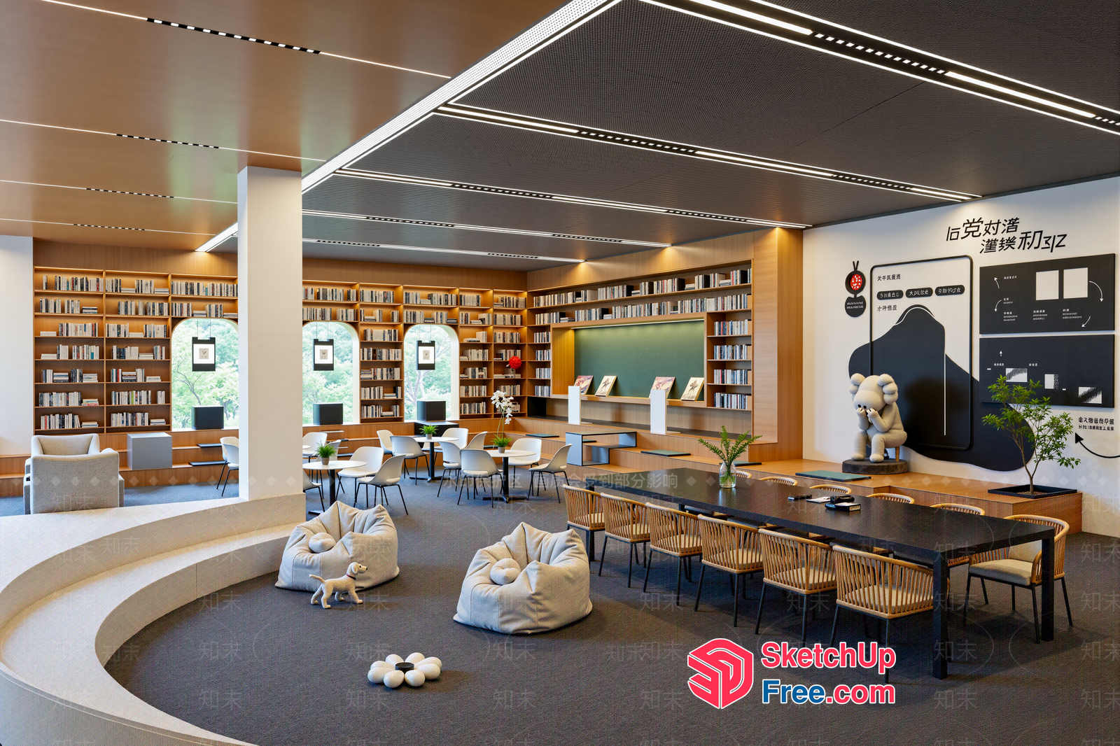 Modern Library Interior With Bookshelves And Seating Areas 3D SketchUp File