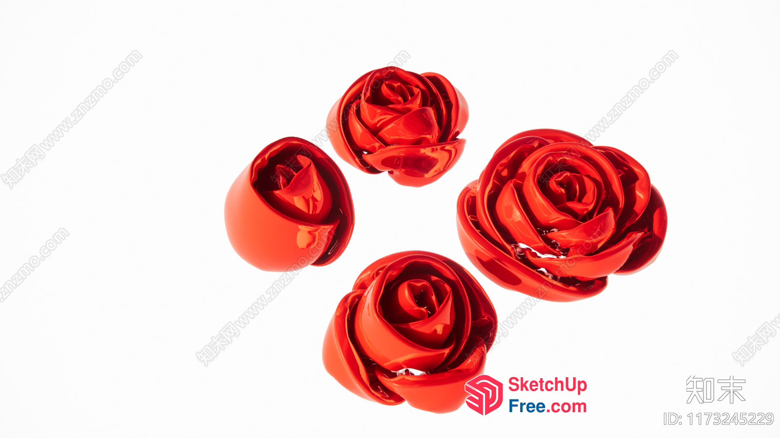 Four Red Roses On White Background 3D SketchUp File