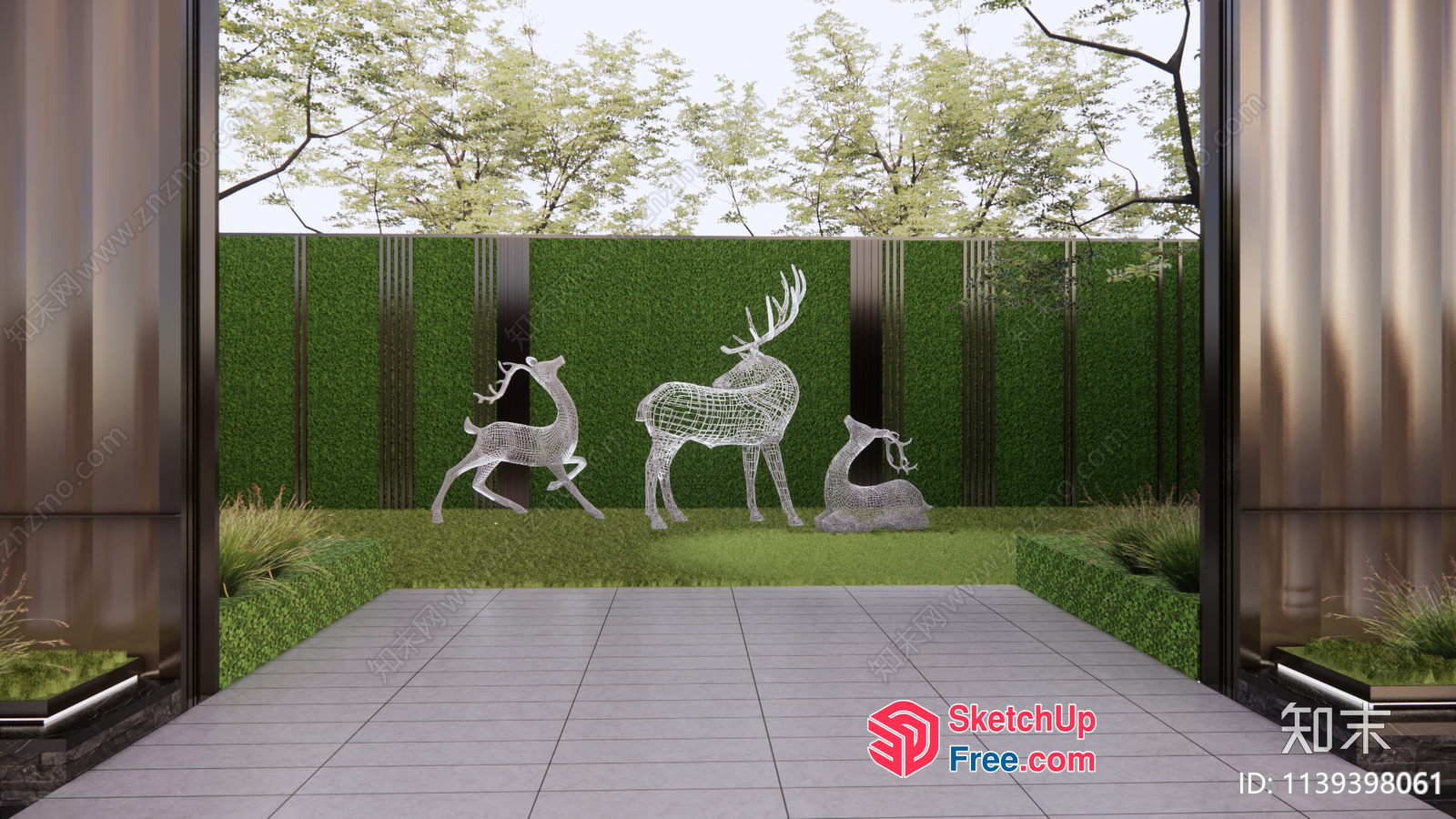 Outdoor Modern Sculpture Garden With Deer Statues 3D SketchUp File