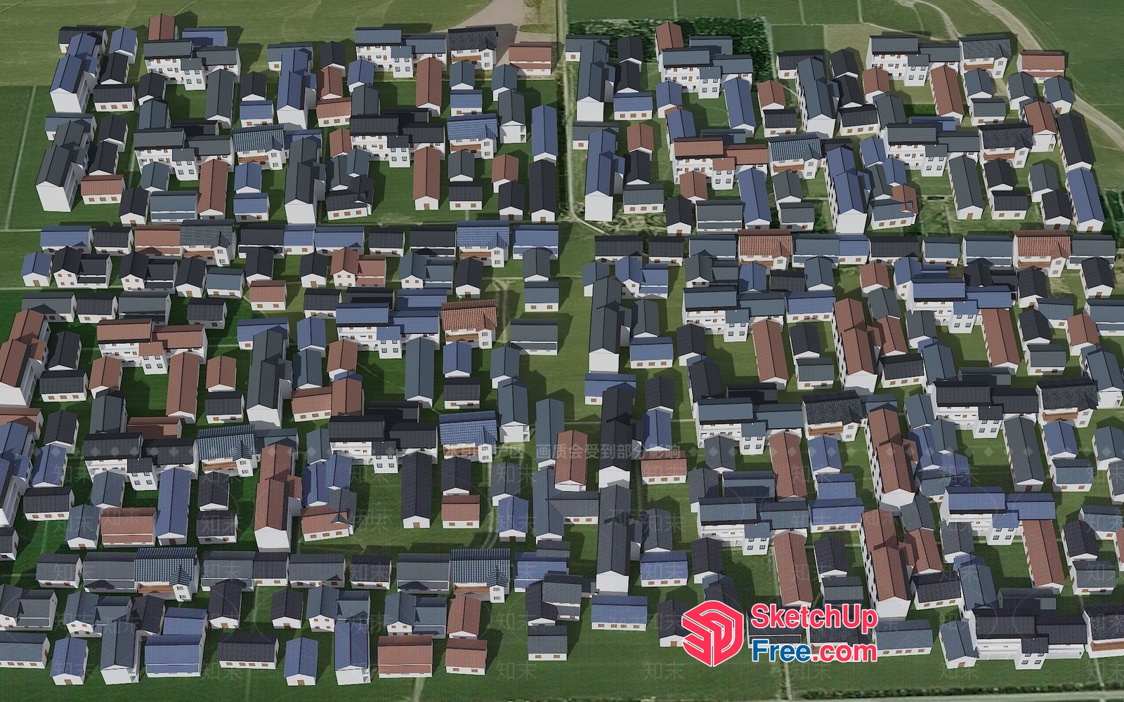 Aerial View Of A Residential Neighborhood With Various House Styles 3D SketchUp File