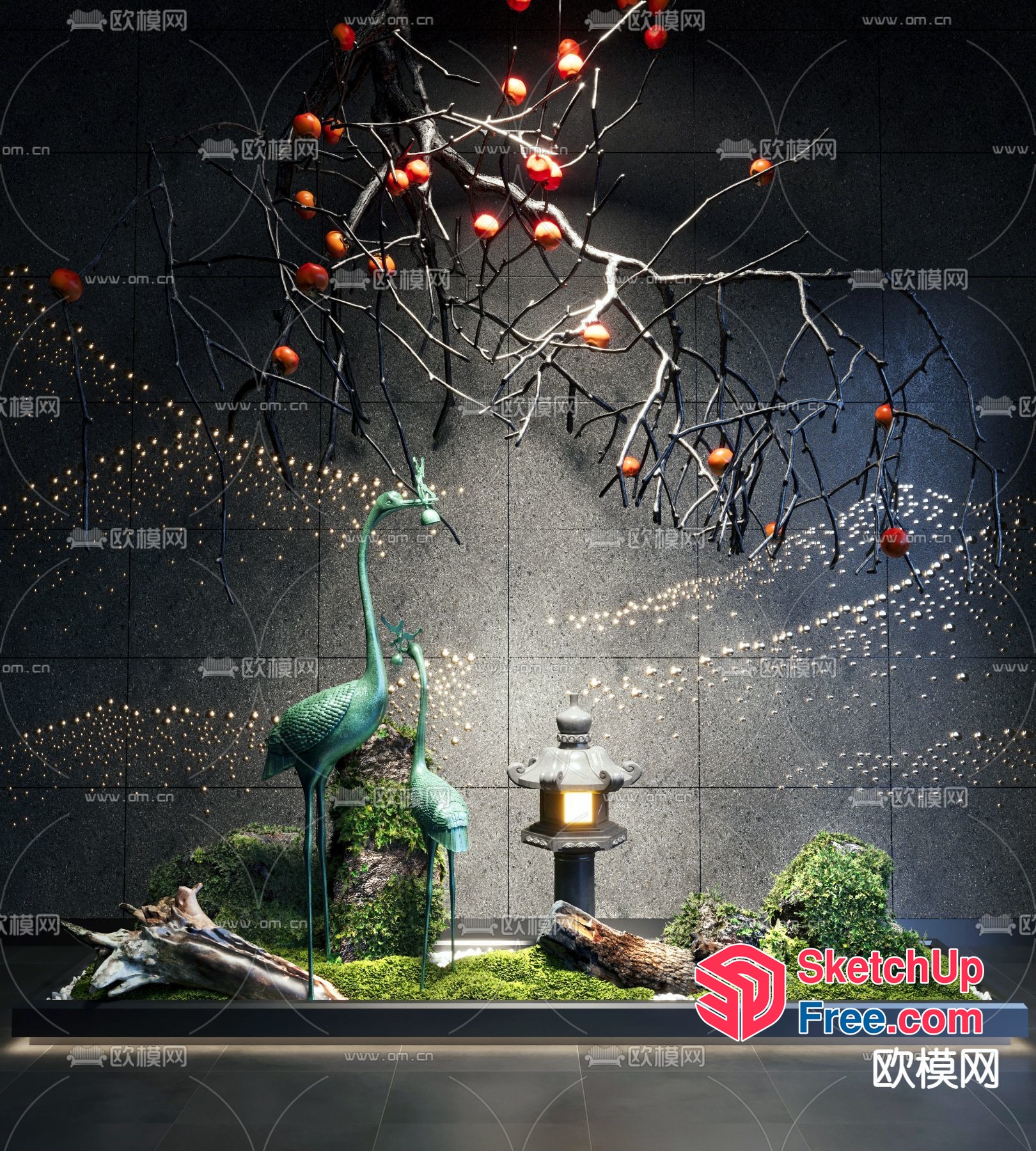 Japanese Inspired Outdoor Decor With Lantern And Birds 3D SketchUp File