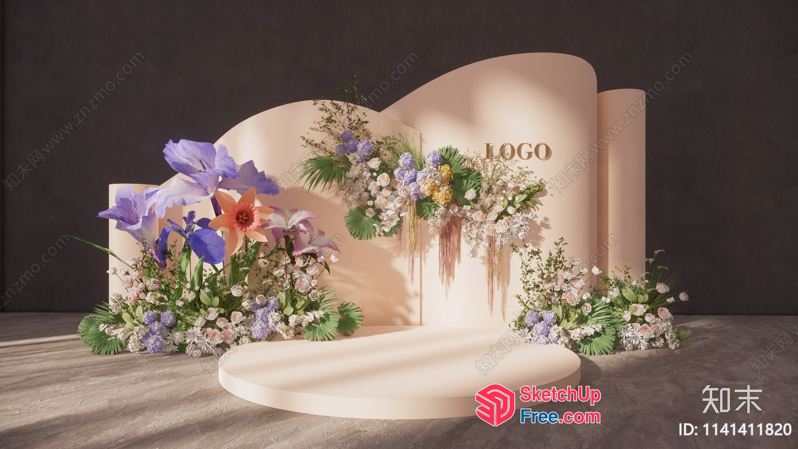Elegant Stage With Floral Arrangements And Curved Backdrop 3D SketchUp File