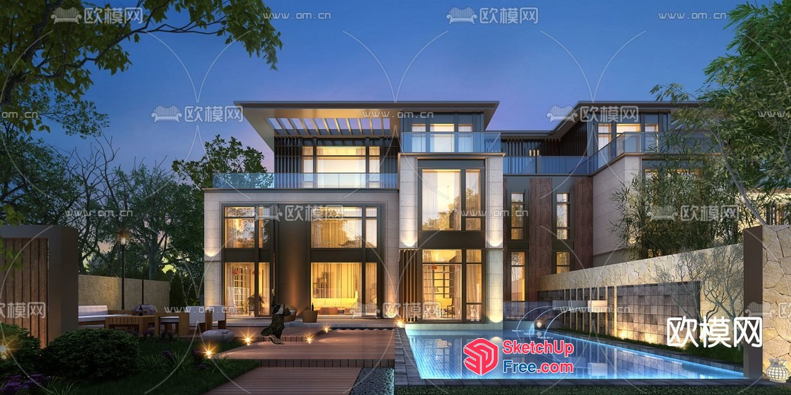 Modern Luxury Villa With Pool And Outdoor Seating 3D SketchUp File