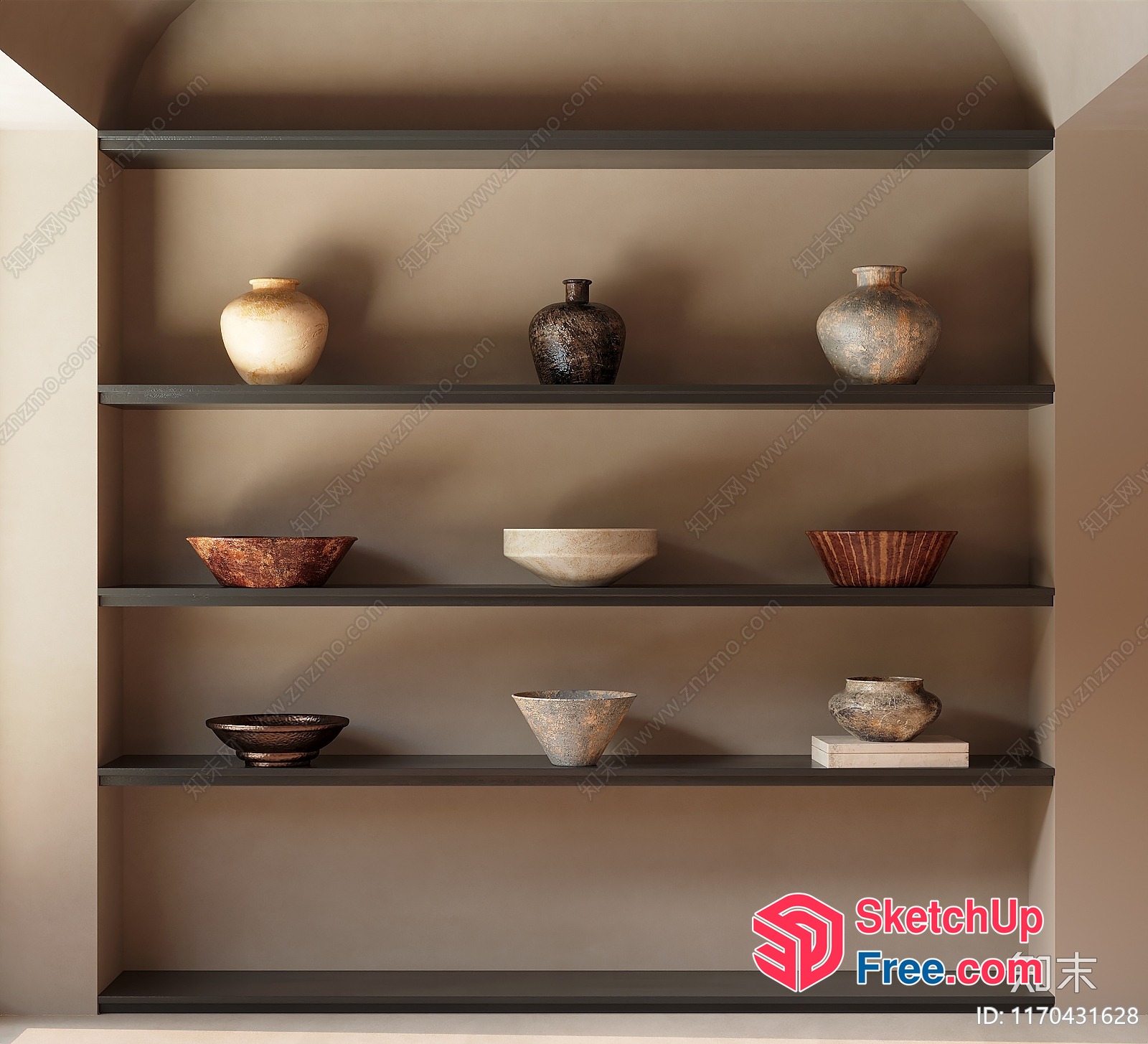 Decorative Shelf With Various Ceramic Bowls And Vases 3D SketchUp File