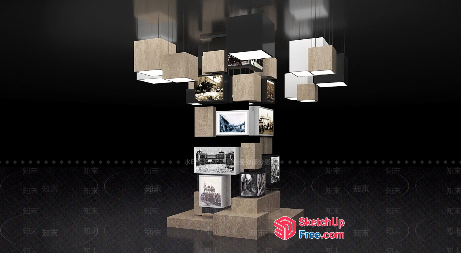 Modern Display Stand With Hanging Light Fixtures And Artwork 3D SketchUp File