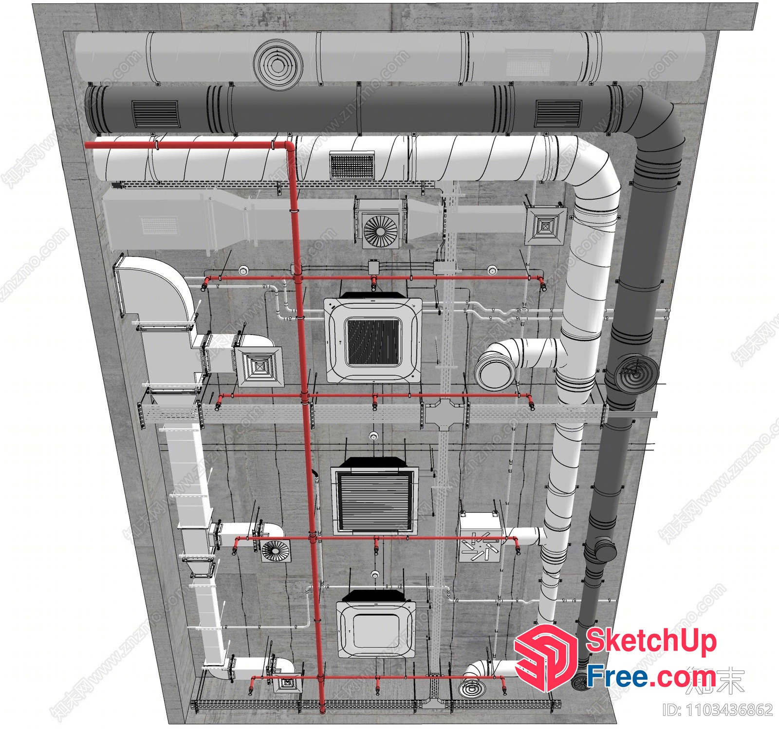 Industrial Building Interior With Ductwork And Pipes 3D SketchUp File