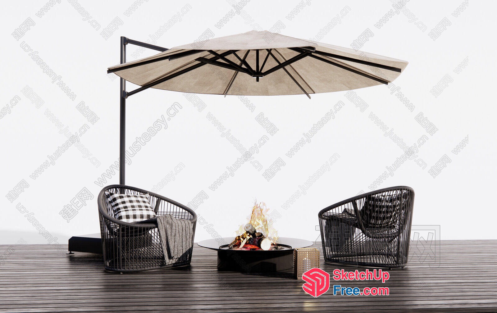 Outdoor Seating Area With Fire Pit And Umbrella 3D SketchUp File