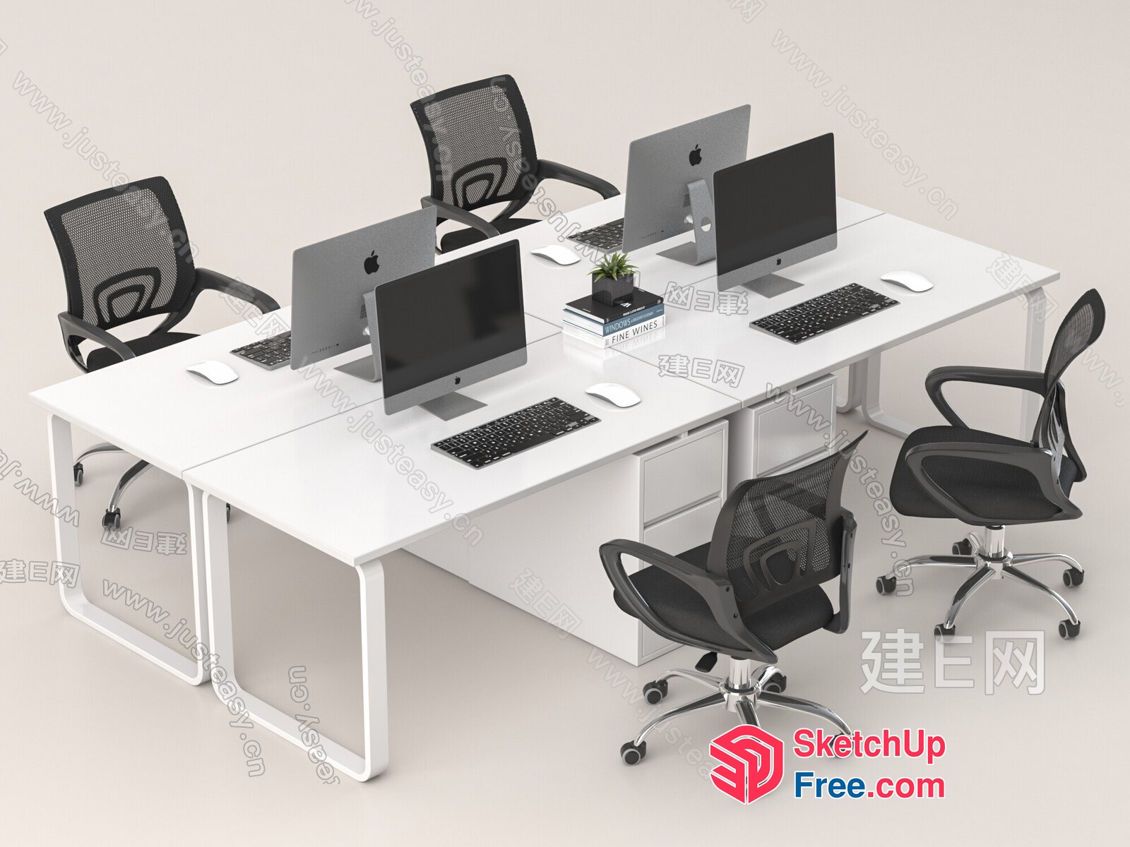 Modern Minimalist Office Space With White Desks And Apple Computers 3D SketchUp File