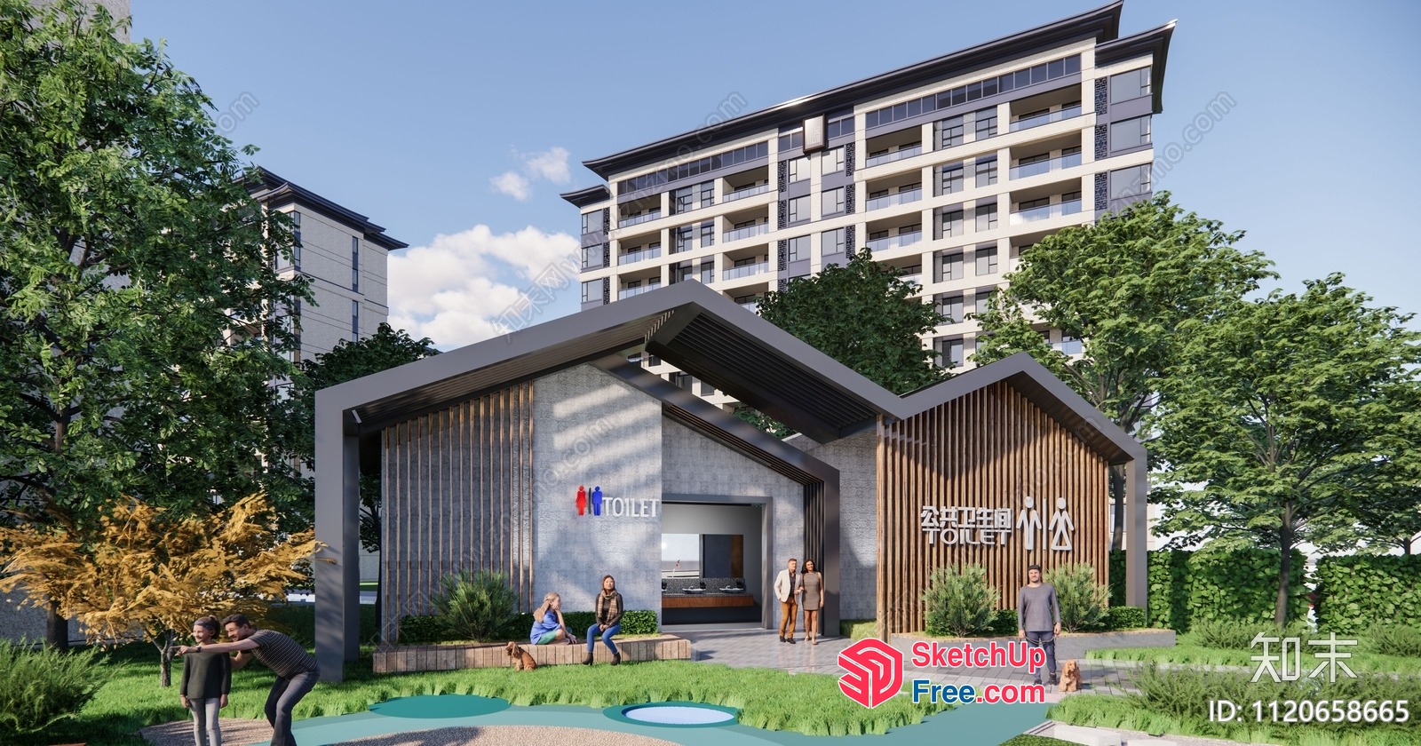Modern Building With Outdoor Toilet And Greenery 3D SketchUp File