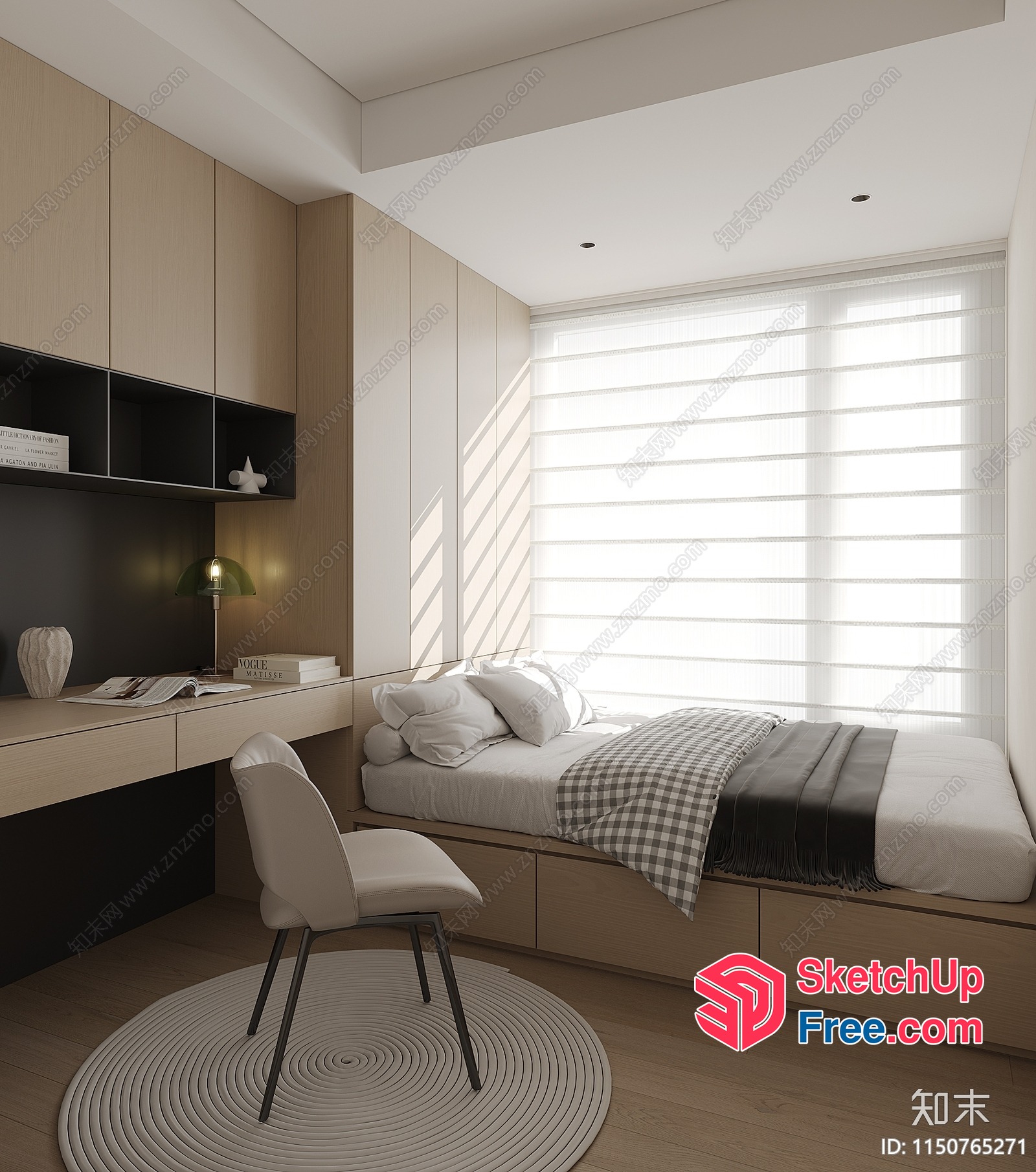 Modern Minimalist Bedroom With Bed And Desk 3D SketchUp File