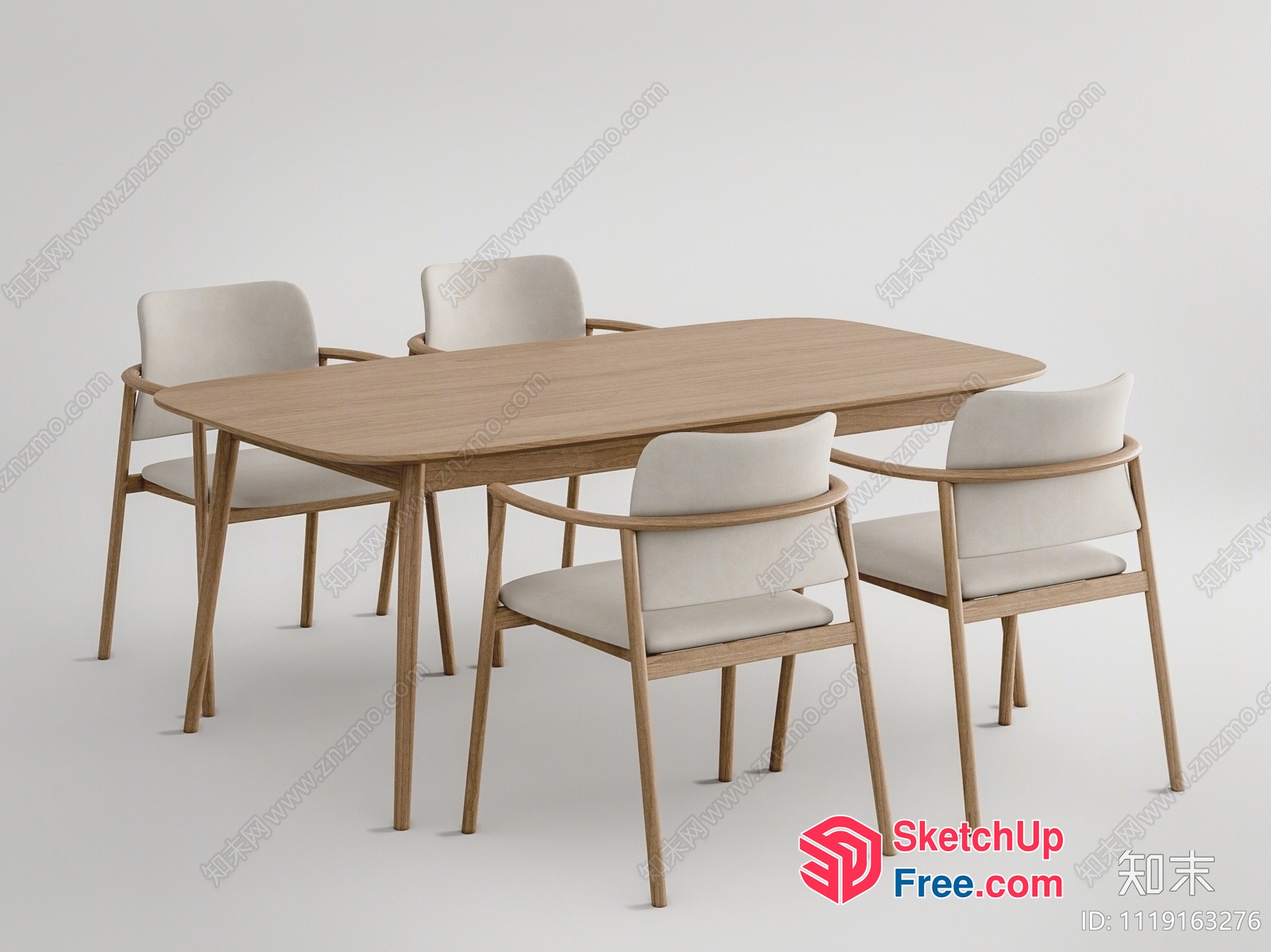 Modern Dining Table Set With Light Wood And White Chairs 3D SketchUp File