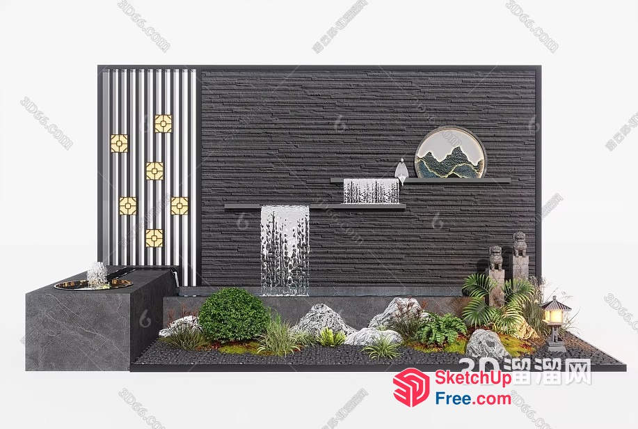 Modern Japanese-Inspired Waterfall Feature 3D SketchUp File