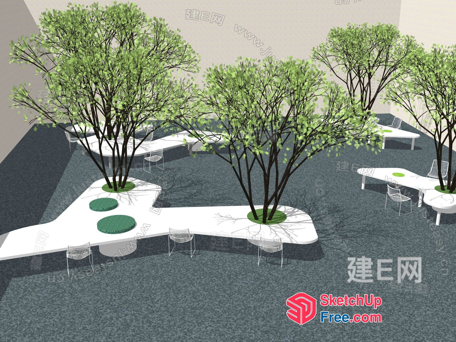 Modern Outdoor Seating Area With Trees 3D SketchUp File