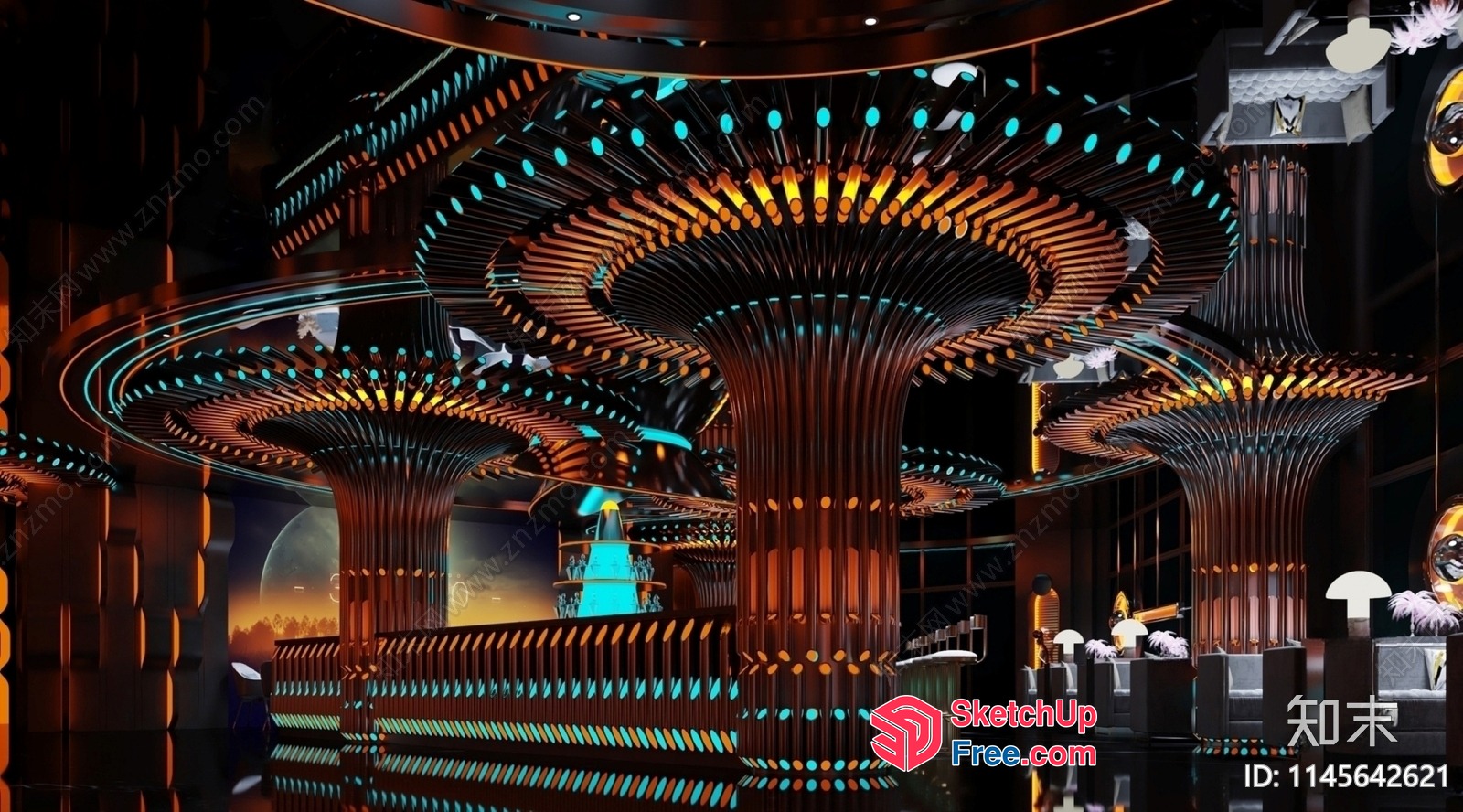 Futuristic Bar Interior With Ornate Pillars And Ceiling Decor 3D SketchUp File