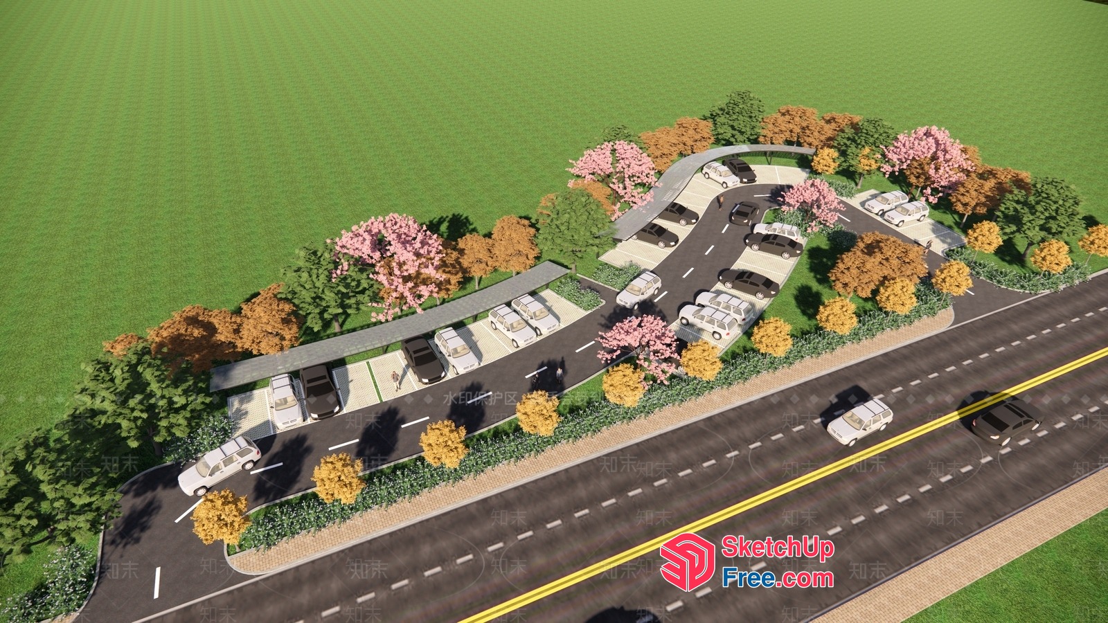 Modern Car Park With Curved Road And Trees 3D SketchUp File