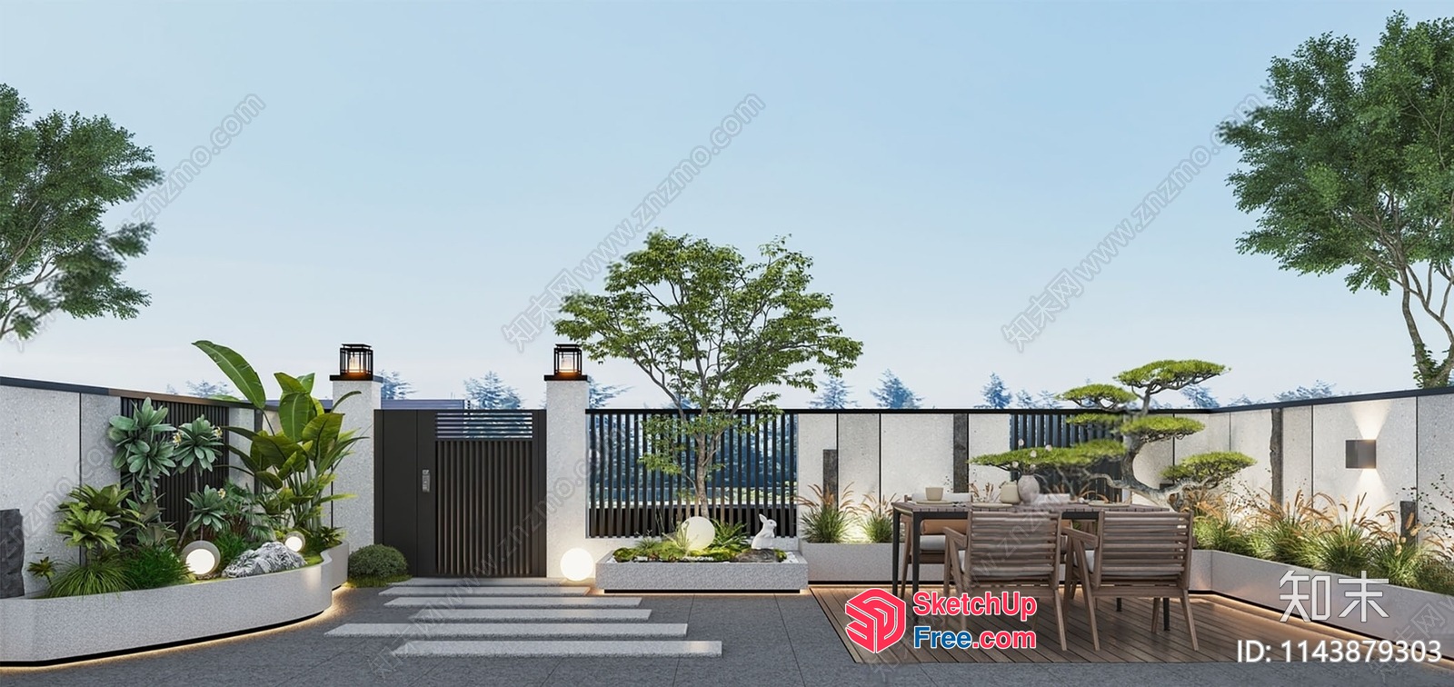 Modern Outdoor Dining Space With Elegant Pillars And Railing 3D SketchUp File