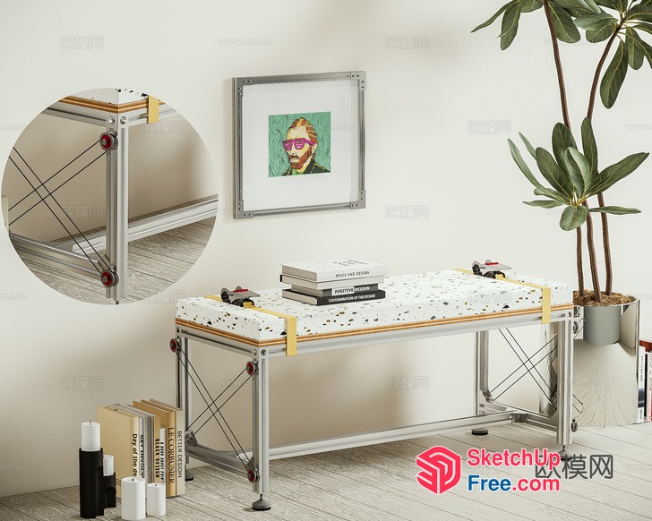 Minimalist Style Metal Frame Table With Patterned Surface 3D SketchUp File