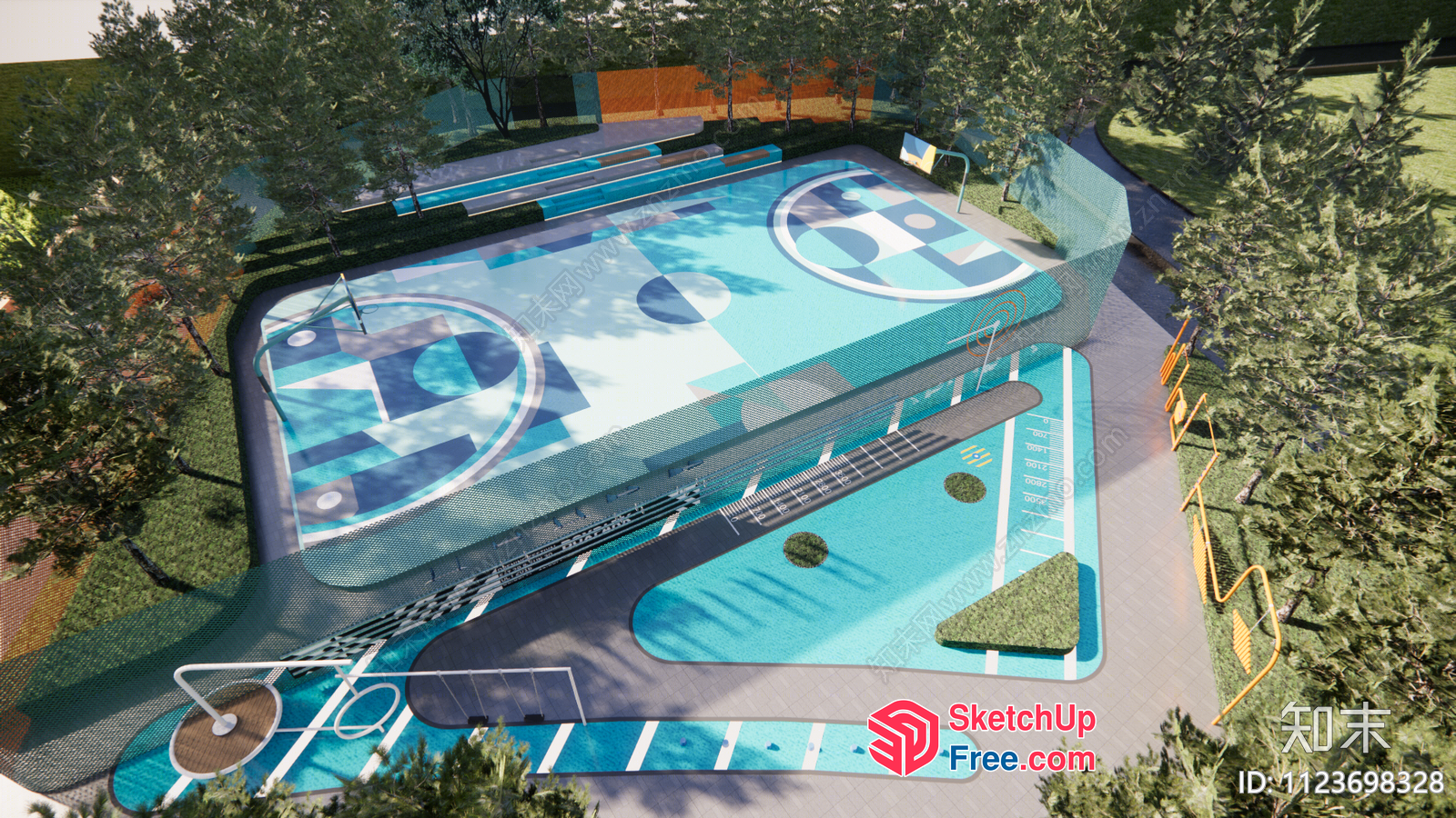 Modern Basketball Court With Vibrant Blue And White Design 3D SketchUp File