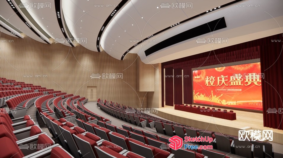 Large Auditorium With Red Seating And Stage 3D SketchUp File