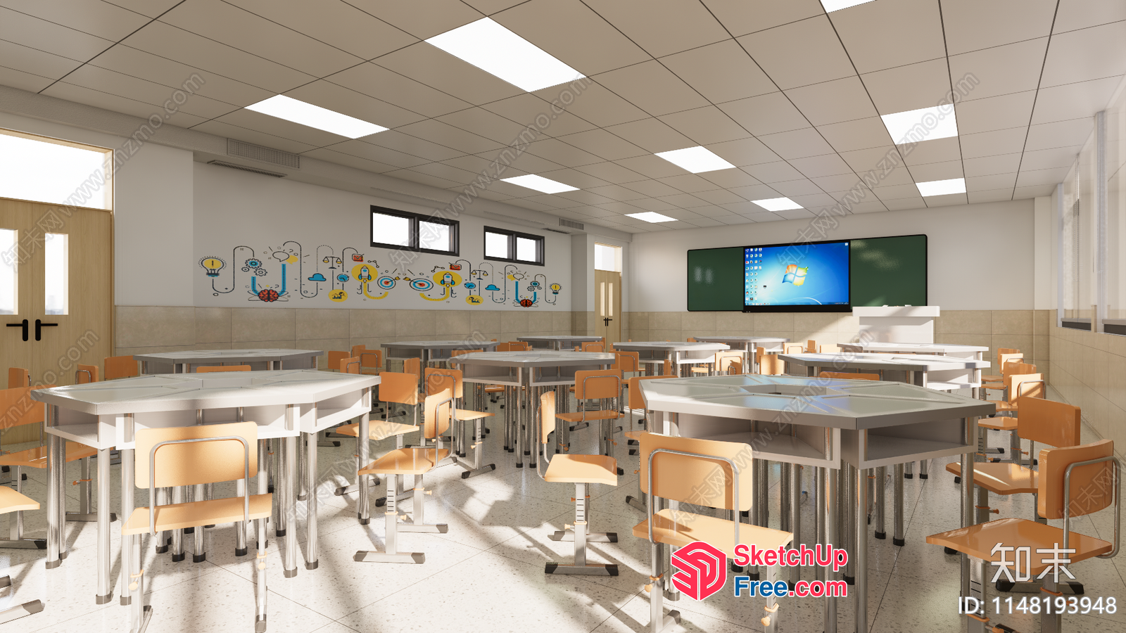 Modern School Classroom With White And Silver Furniture 3D SketchUp File