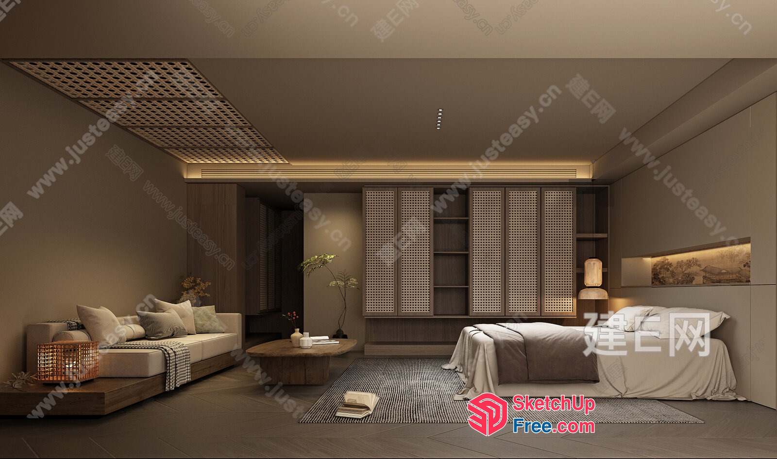 Modern Japanese-Inspired Bedroom With Neutral Tones 3D SketchUp File