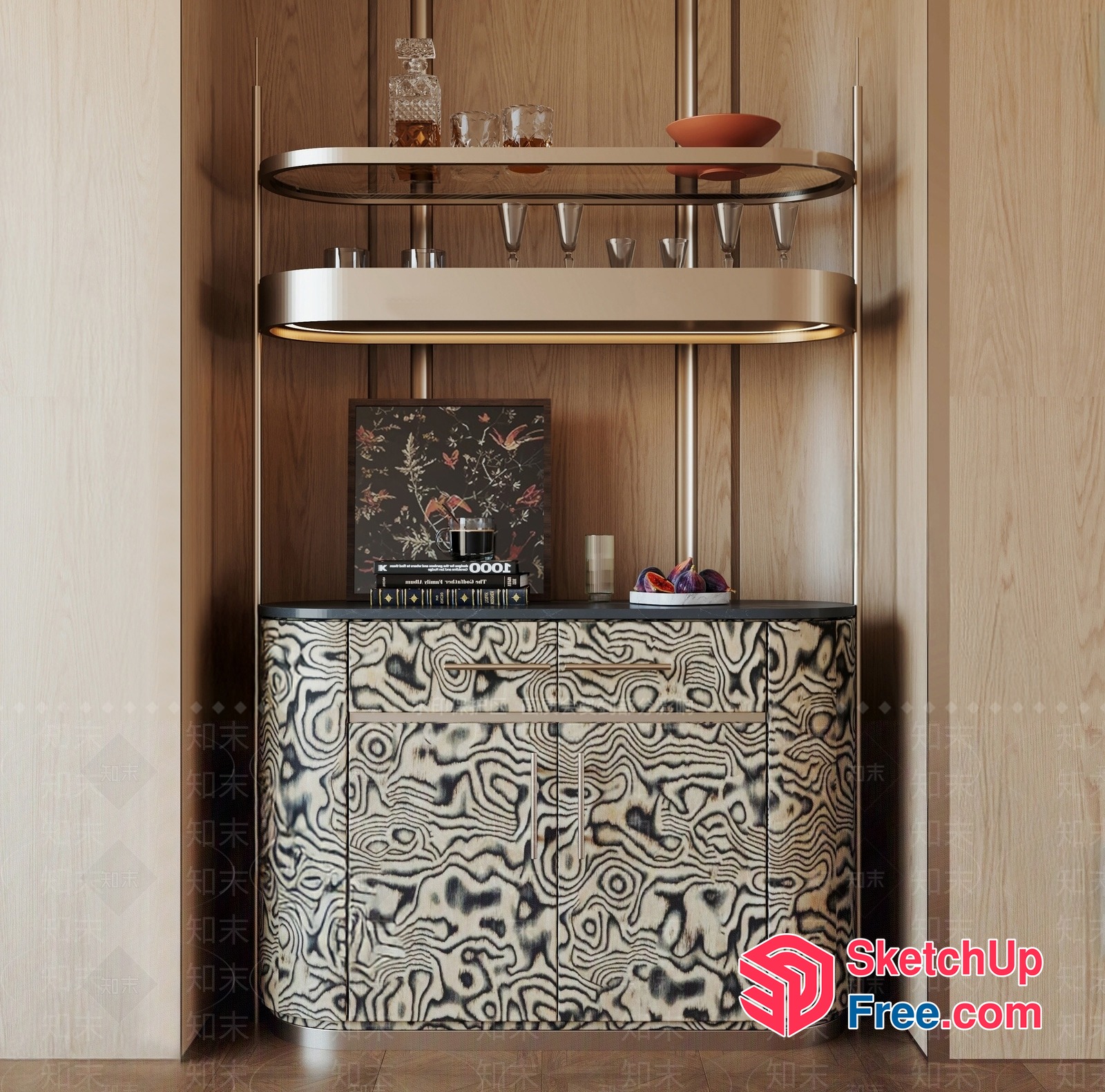 Stylish Bar Cabinet With Glass Shelves And Patterned Front 3D SketchUp File