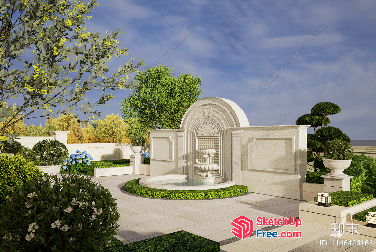 Luxurious Garden With Fountain And Ornate Wall 3D SketchUp File