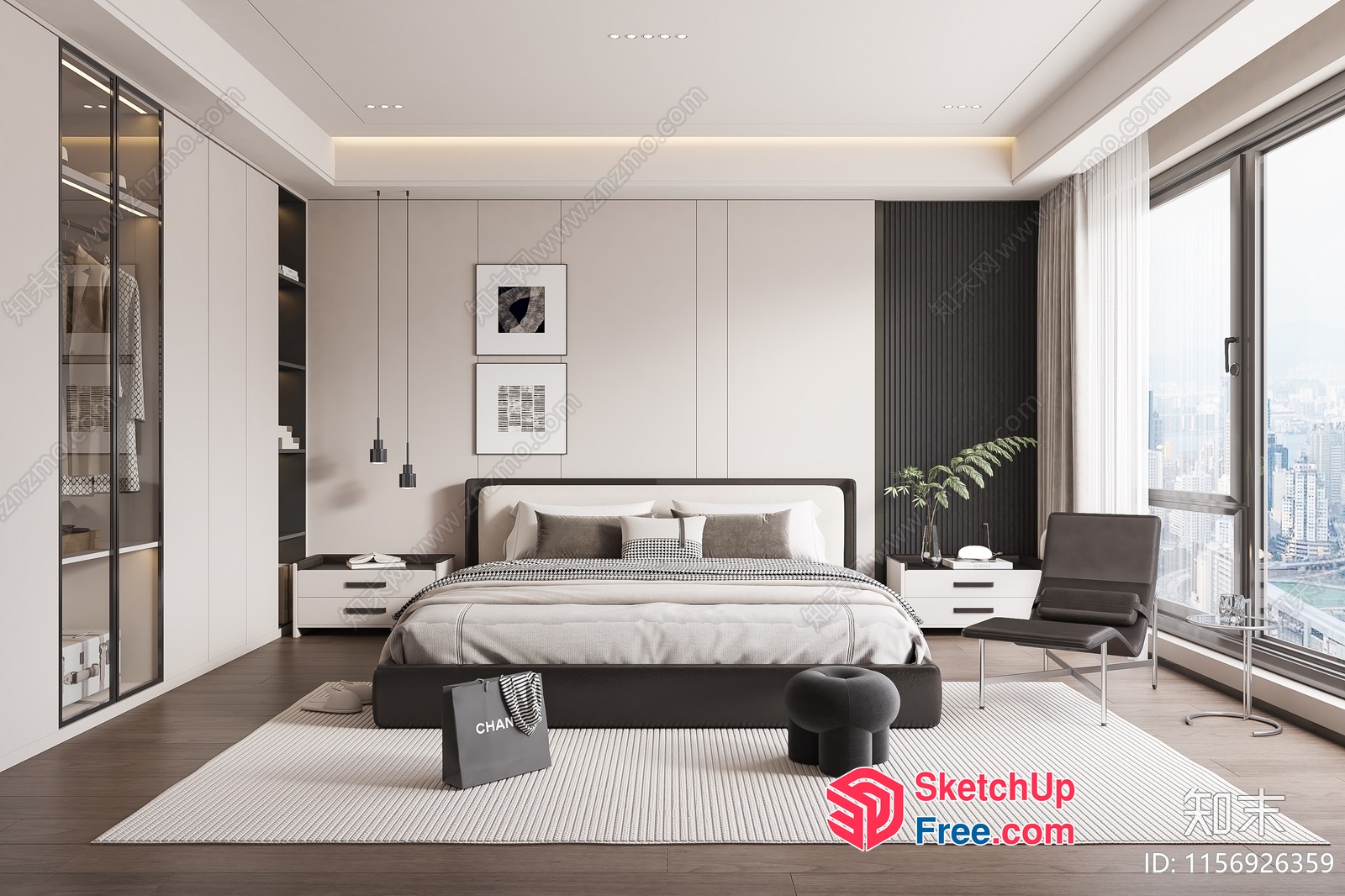 Minimalist Modern Bedroom Interior With City View 3D SketchUp File