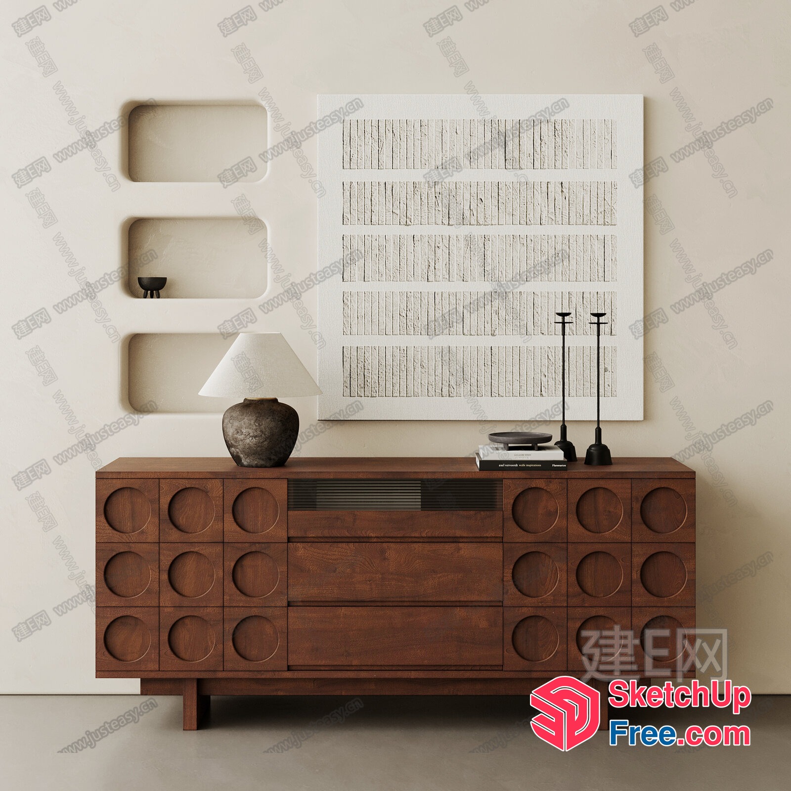 Minimalist Mid-Century Modern Sideboard With Circular Carvings 3D SketchUp File