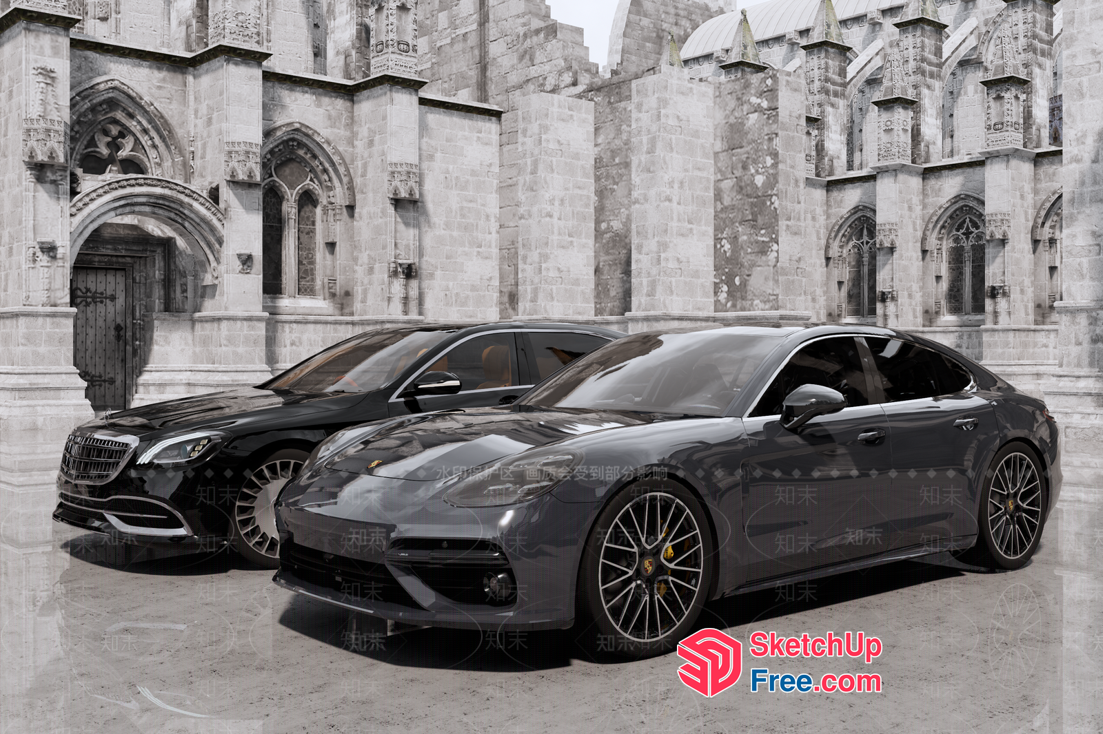 Two Cars Parked In Front Of An Ornate Stone Building 3D SketchUp File