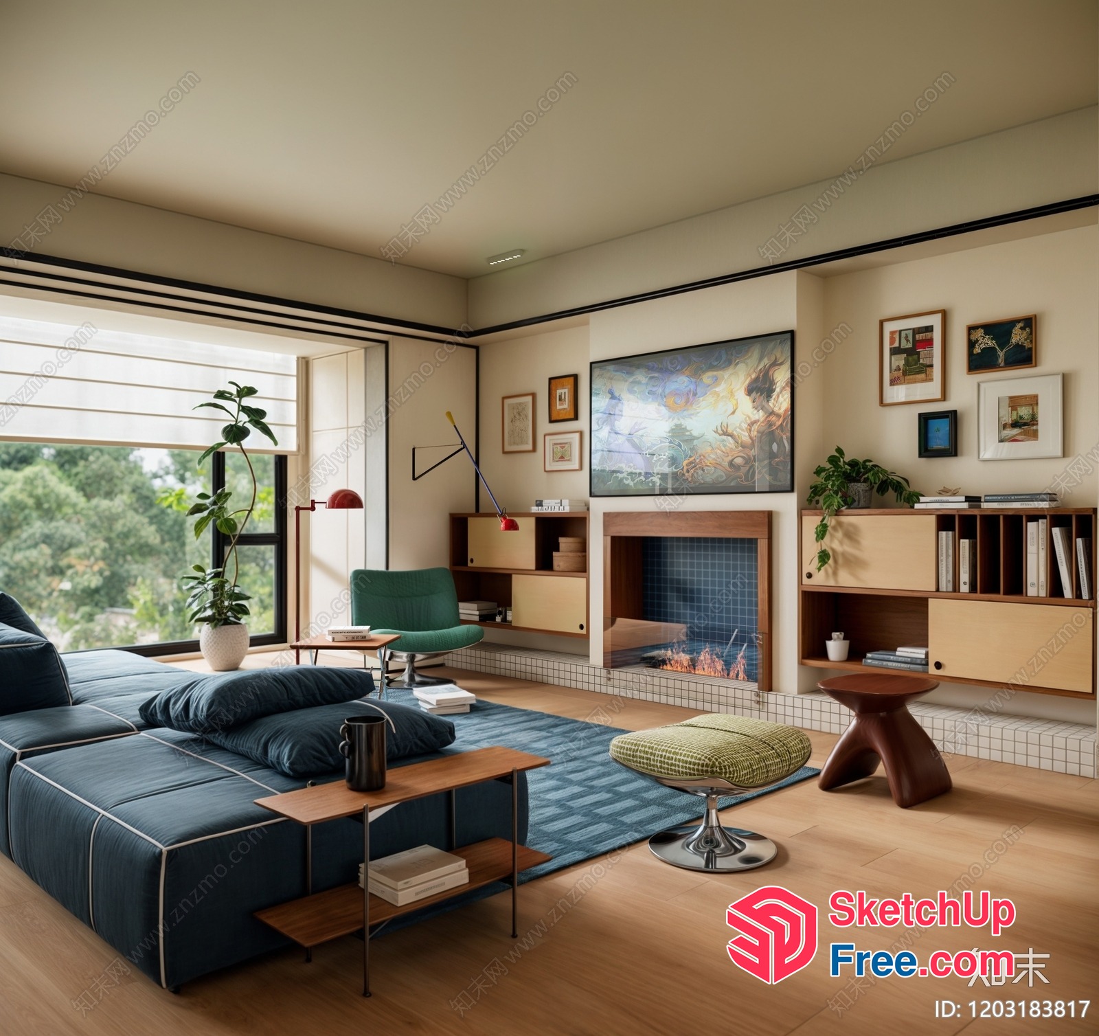 Cozy Mid-Century Modern Living Room With Fireplace 3D SketchUp File